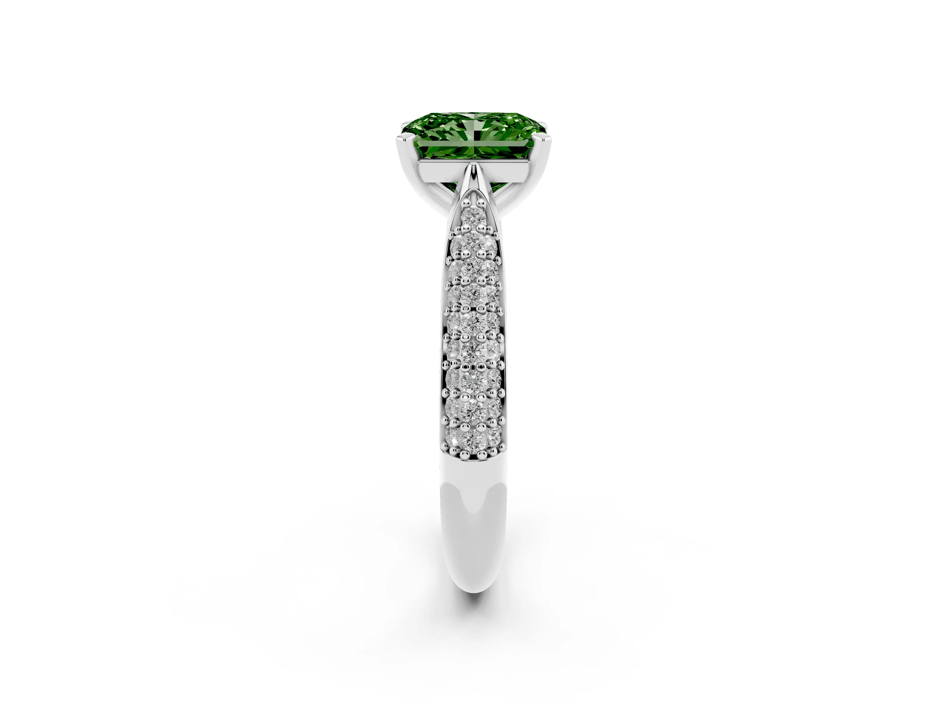 Fancy Green Radiant Cut Diamond Solitaire Engagement Ring Set in White gold with Multi-Row Round Pavé Band and Prong Setting