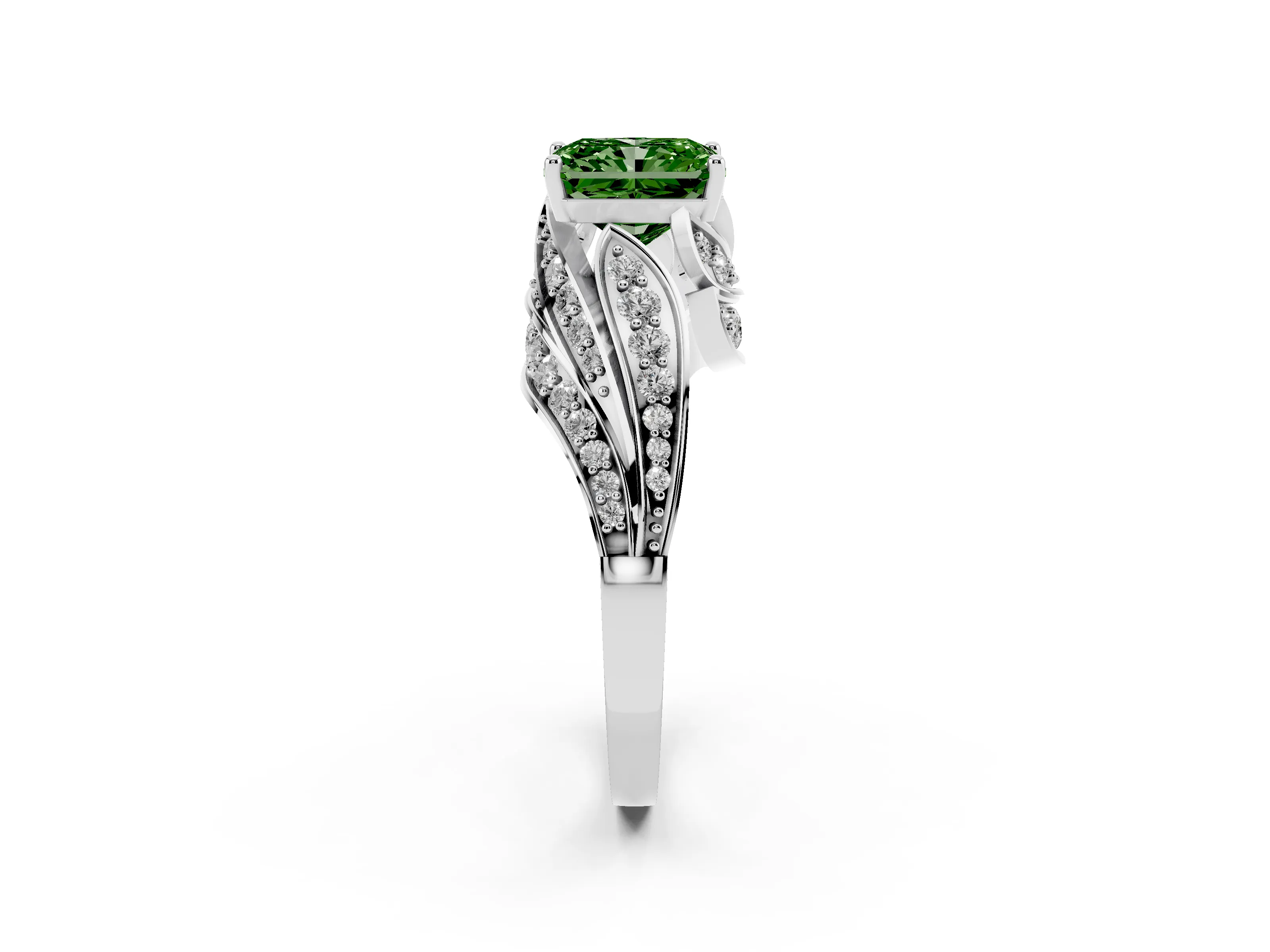 Fancy Green Radiant Cut Diamond Solitaire Ring Set in Platinum with Layered Twist Pavé Band