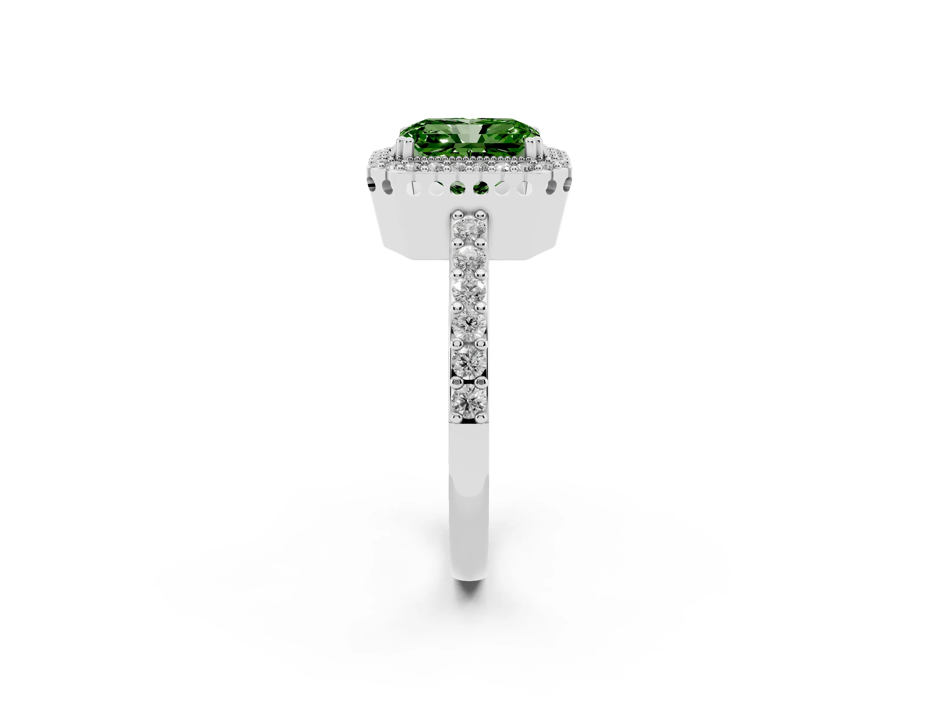 Fancy Green Radiant Cut Diamond Halo Engagement Ring Set in Silver with Milgrain Detail and Pavé Band