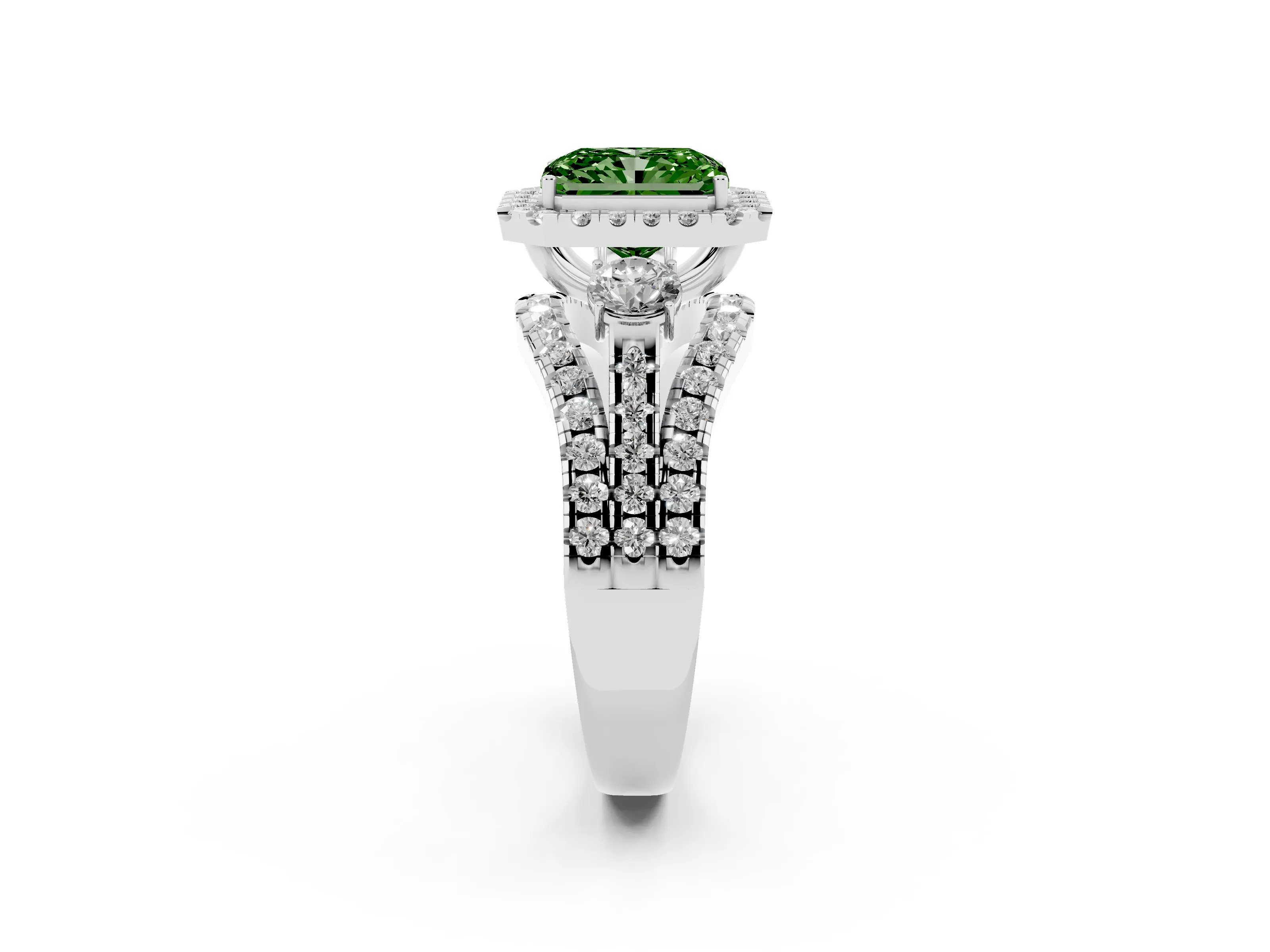 Fancy Green Radiant Cut Diamond Halo Split Shank Ring Set in White gold with Round Accent Stones and Prong Setting