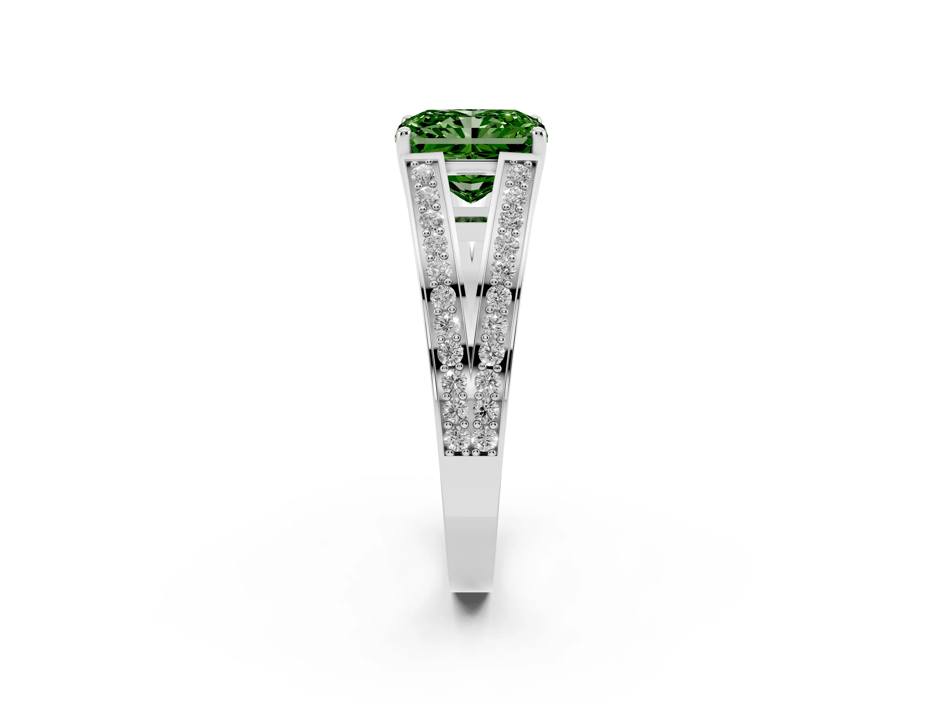 Fancy Green Radiant Cut Diamond Split Shank Ring Set in Platinum with Pavé Band and Prong Setting