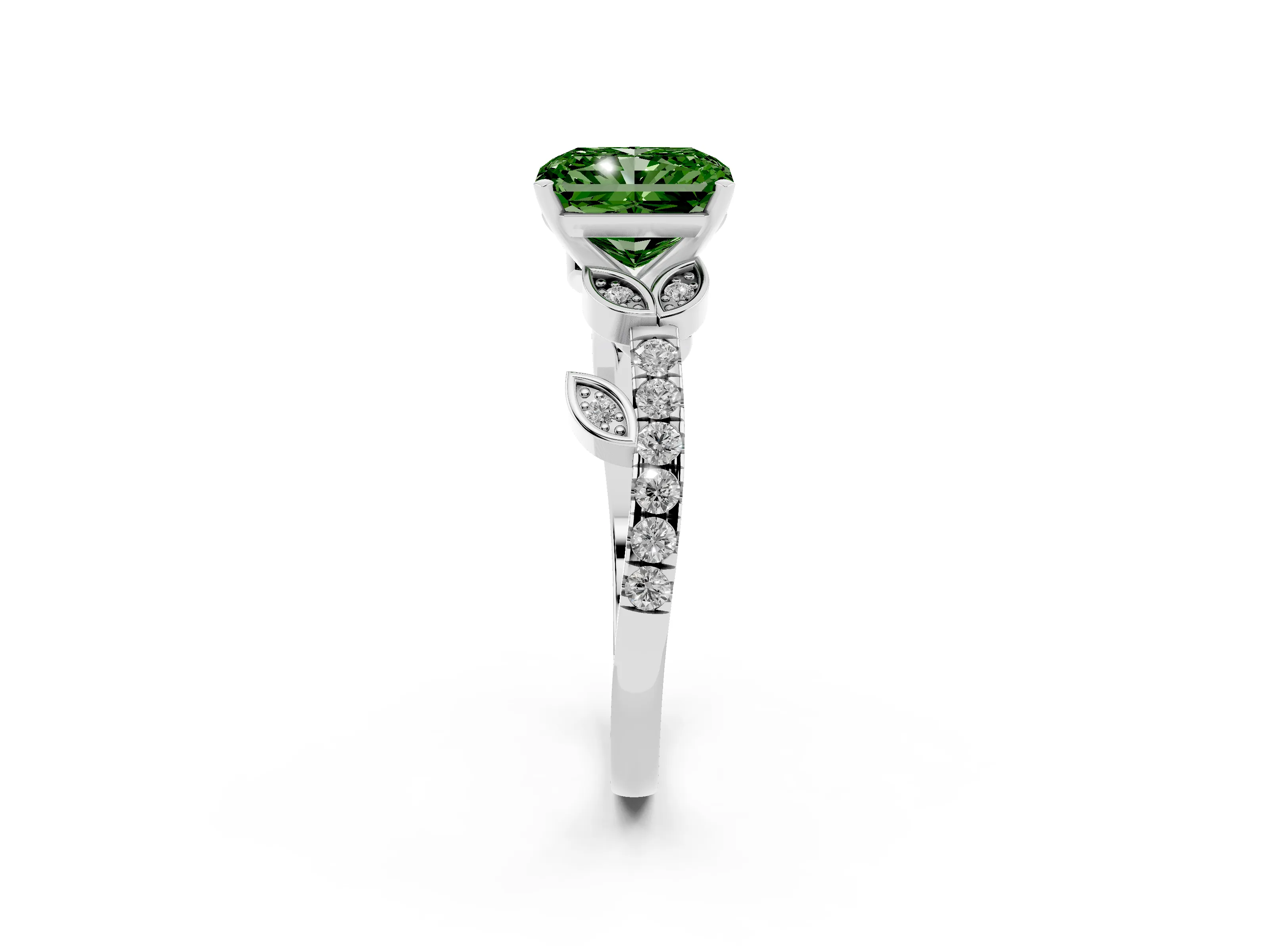 Fancy Green Radiant Cut Diamond Solitaire Leaf-Inspired Ring Set in Platinum with Pavé Band and Prong Setting