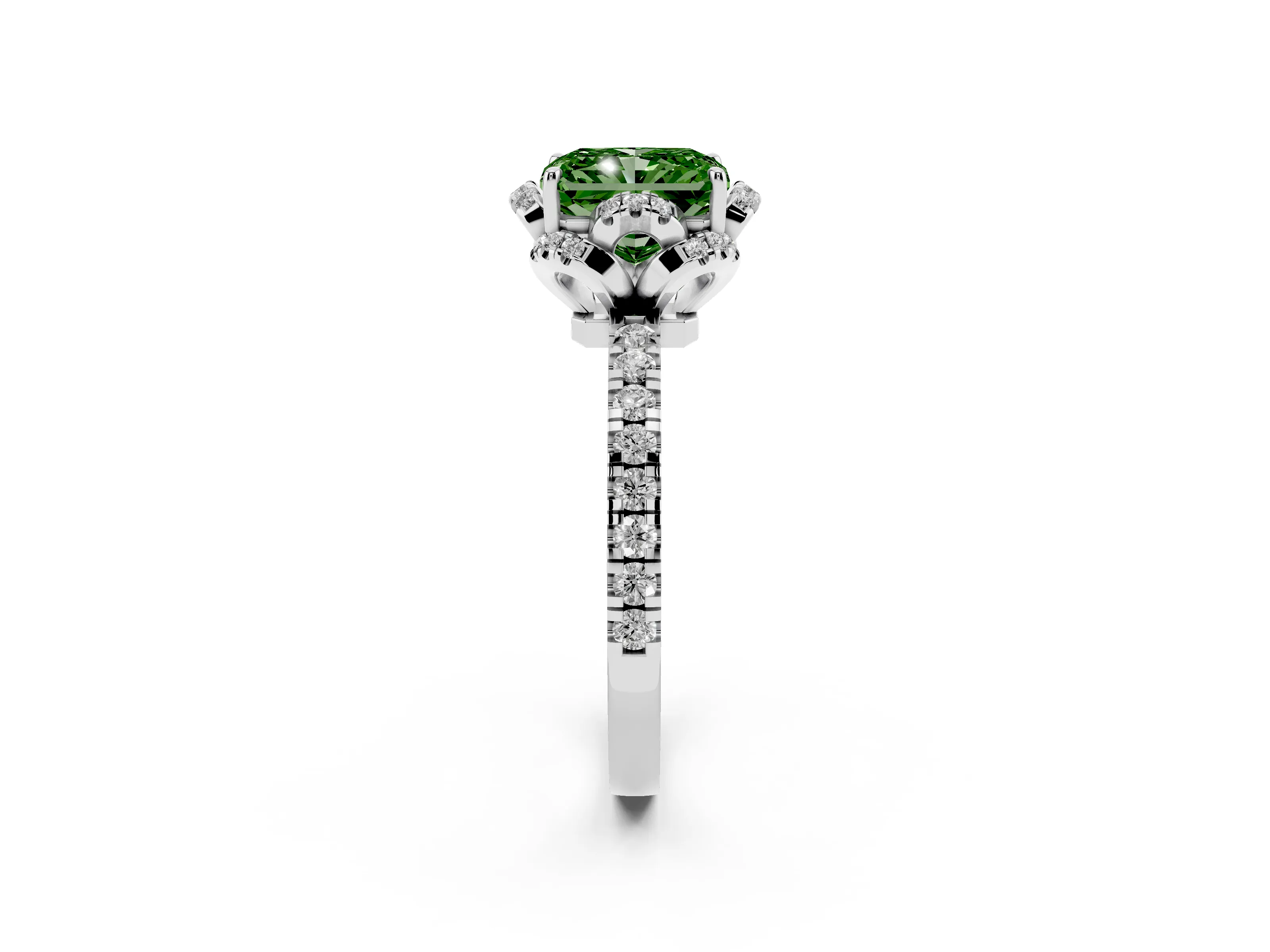 Fancy Green Radiant Cut Diamond Halo Pavé Band Ring Set in White gold with Prong-Held Center
