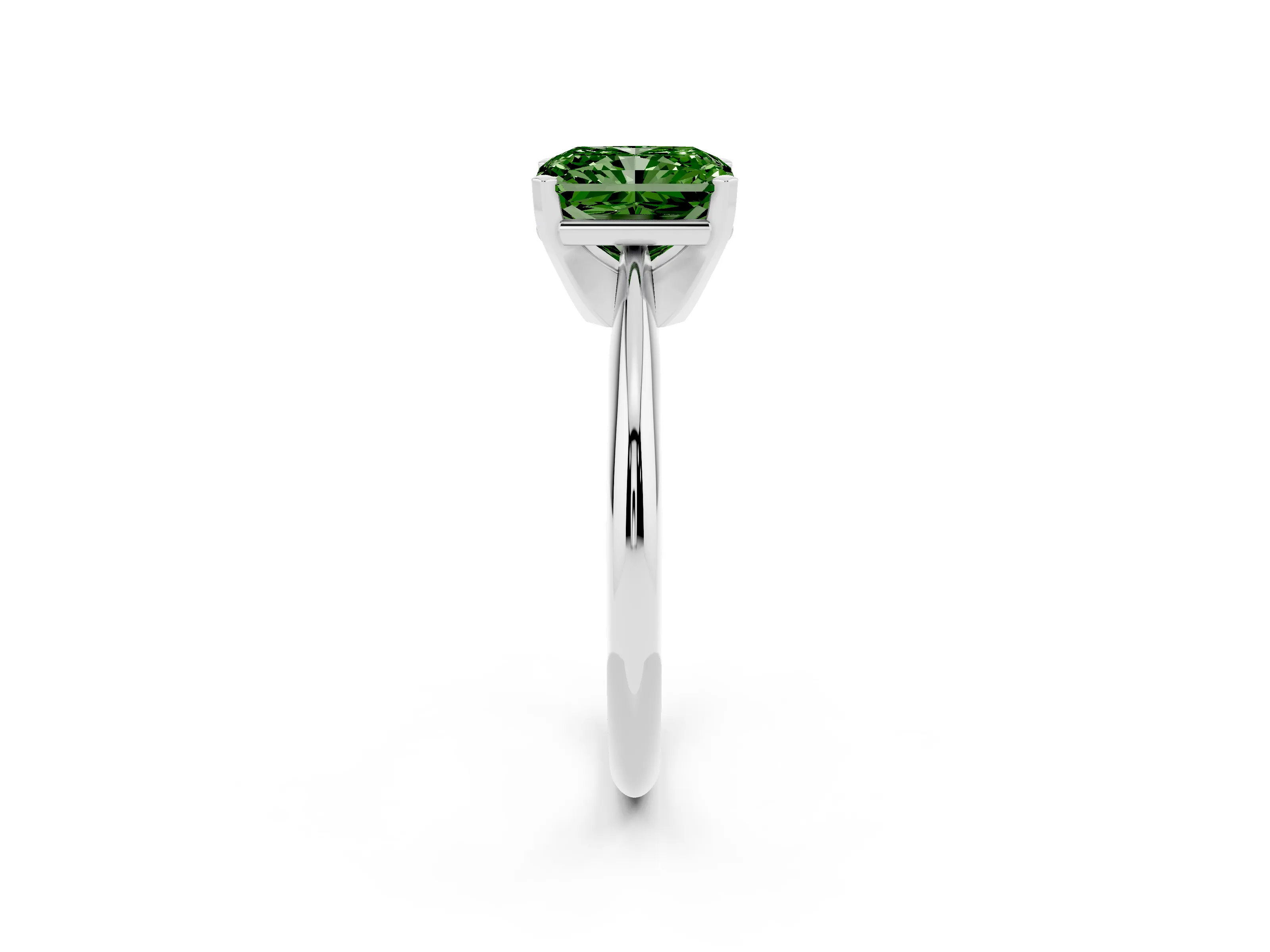 Fancy Green Radiant Cut Diamond Solitaire Ring Set in Silver with Prong Setting on a Plain Round Band