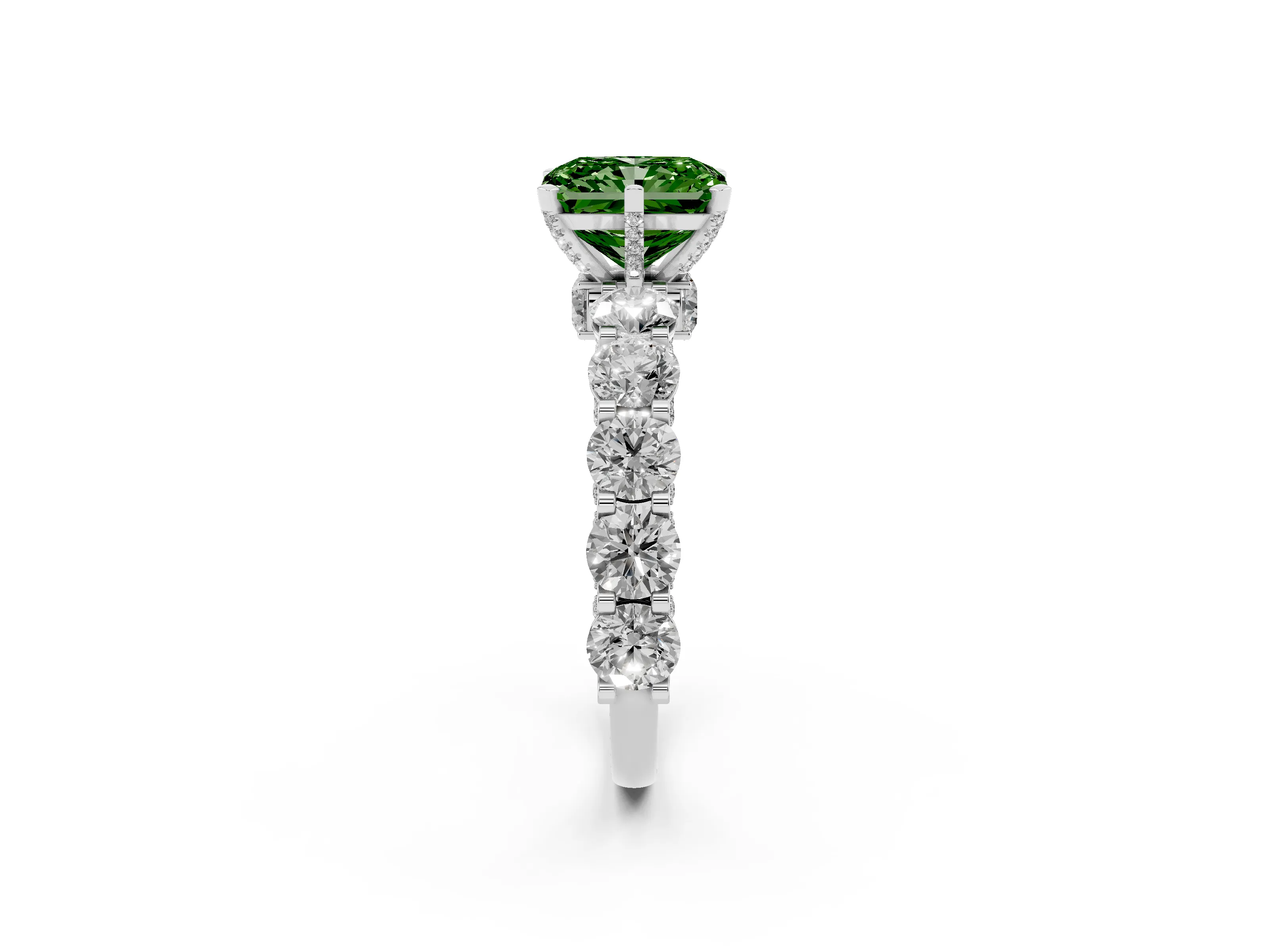 Fancy Green Radiant Cut Diamond Side Stone Ring Set in White gold with Alternating Round and Oval Side Stones