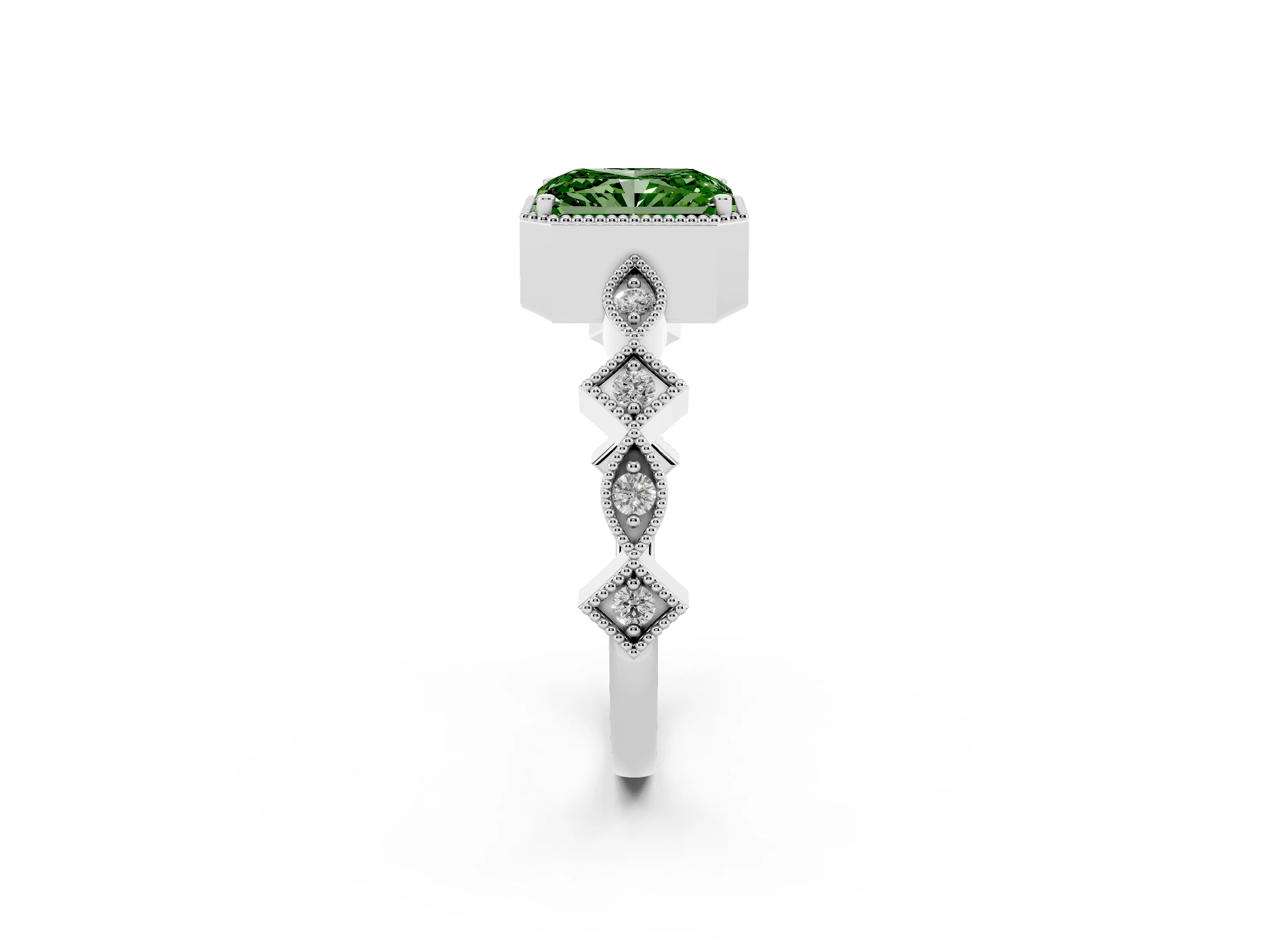 Fancy Green Radiant Cut Diamond Milgrain Marquise Twist Band Ring Set in White gold with Prong Setting