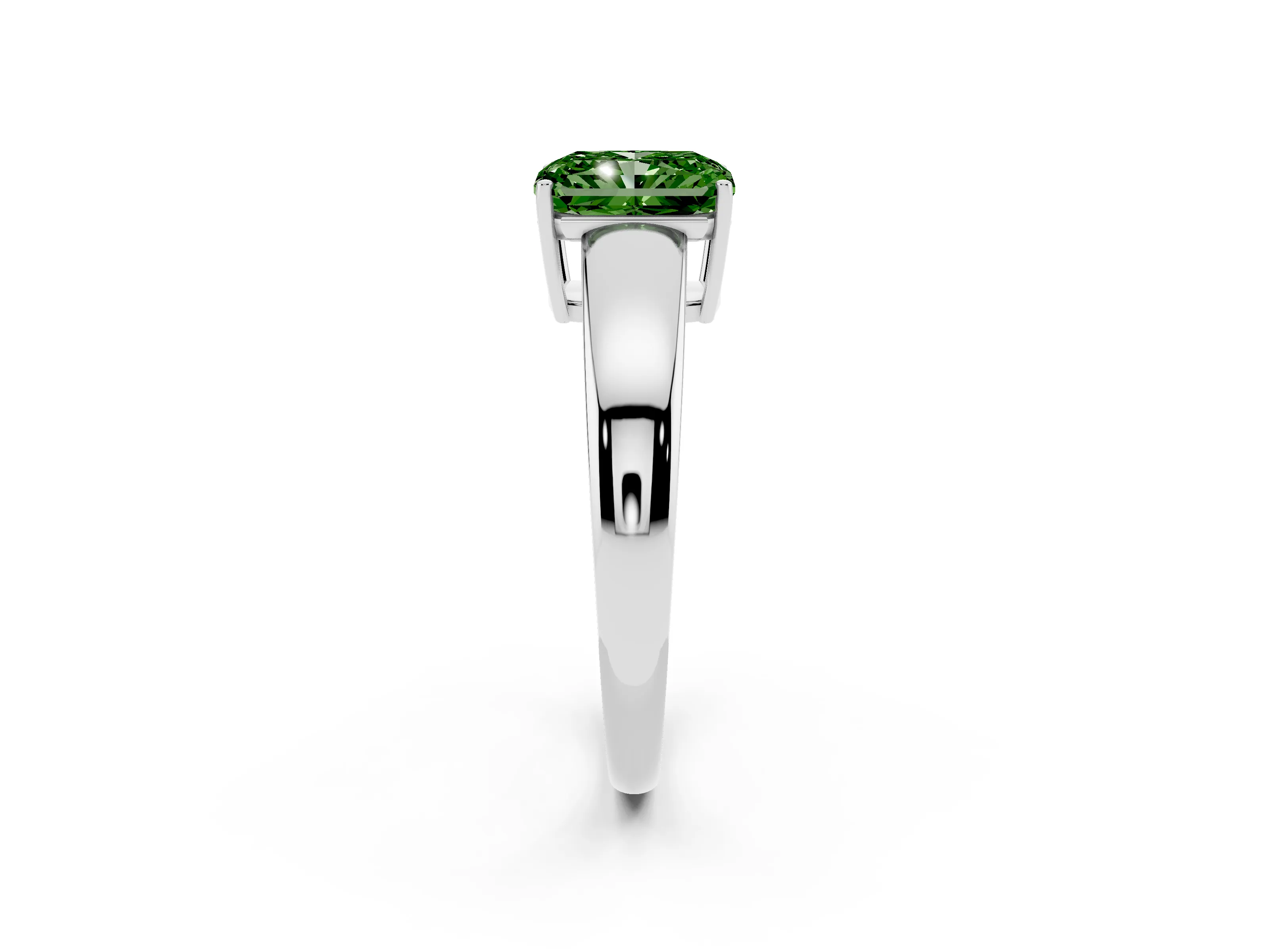 Fancy Green Radiant Cut Diamond Solitaire Ring Set in White gold with Tapered Band and Prong Setting