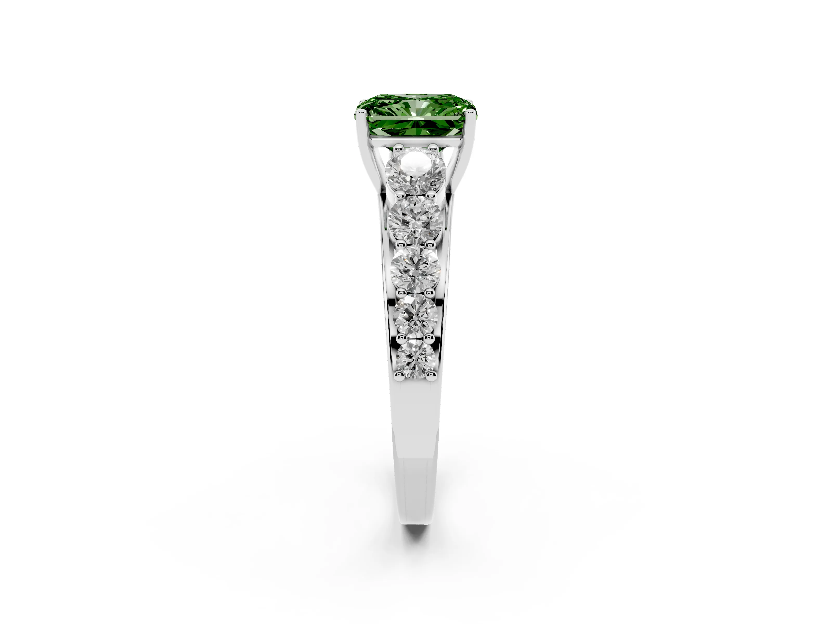 Fancy Green Radiant Cut Diamond Solitaire Ring Set in Platinum with Pavé-Set Band and Prong Setting
