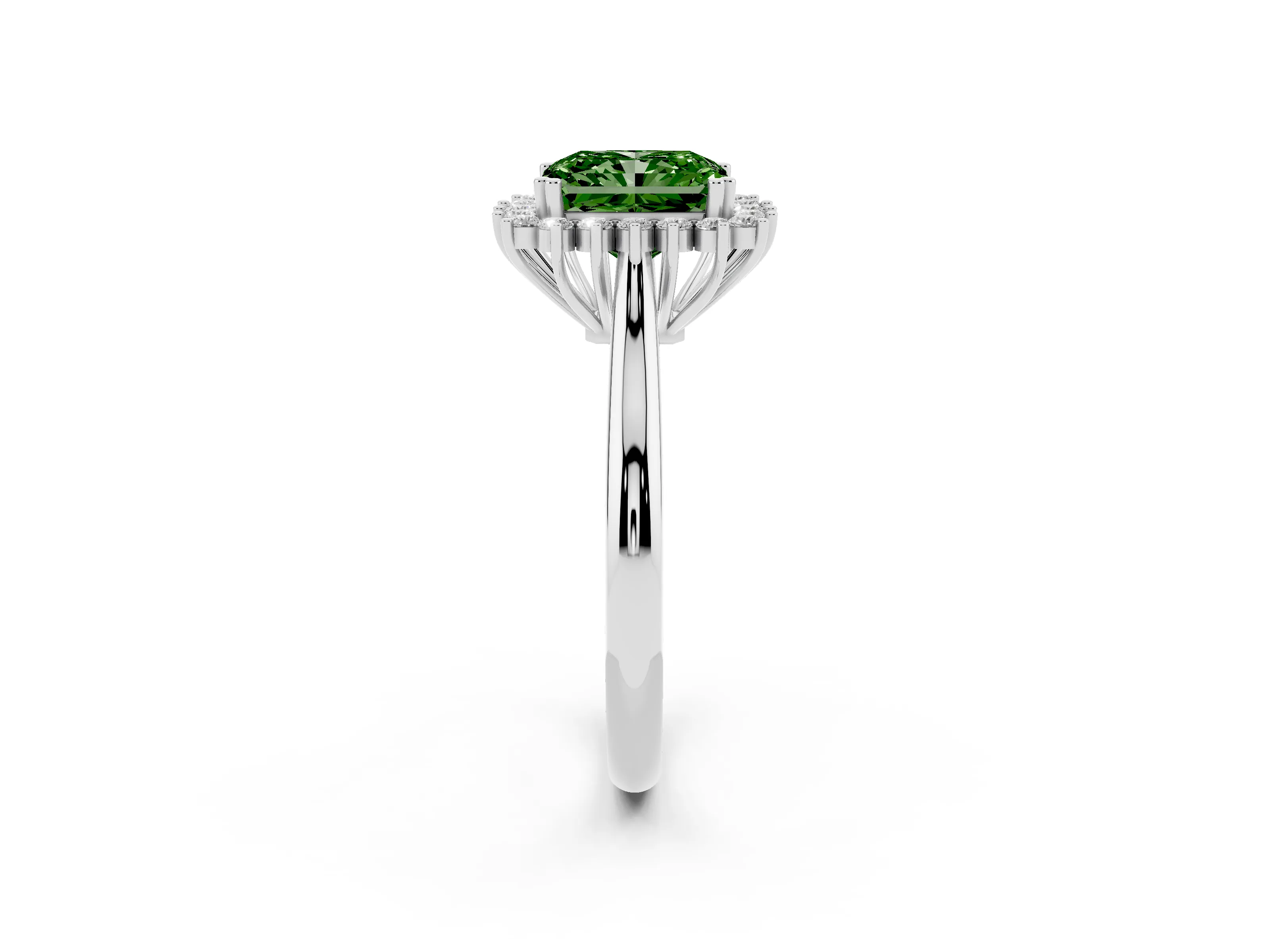 Fancy Green Radiant Cut Diamond Halo Ring Set in Silver with Plain Solitaire Band and Prong Setting