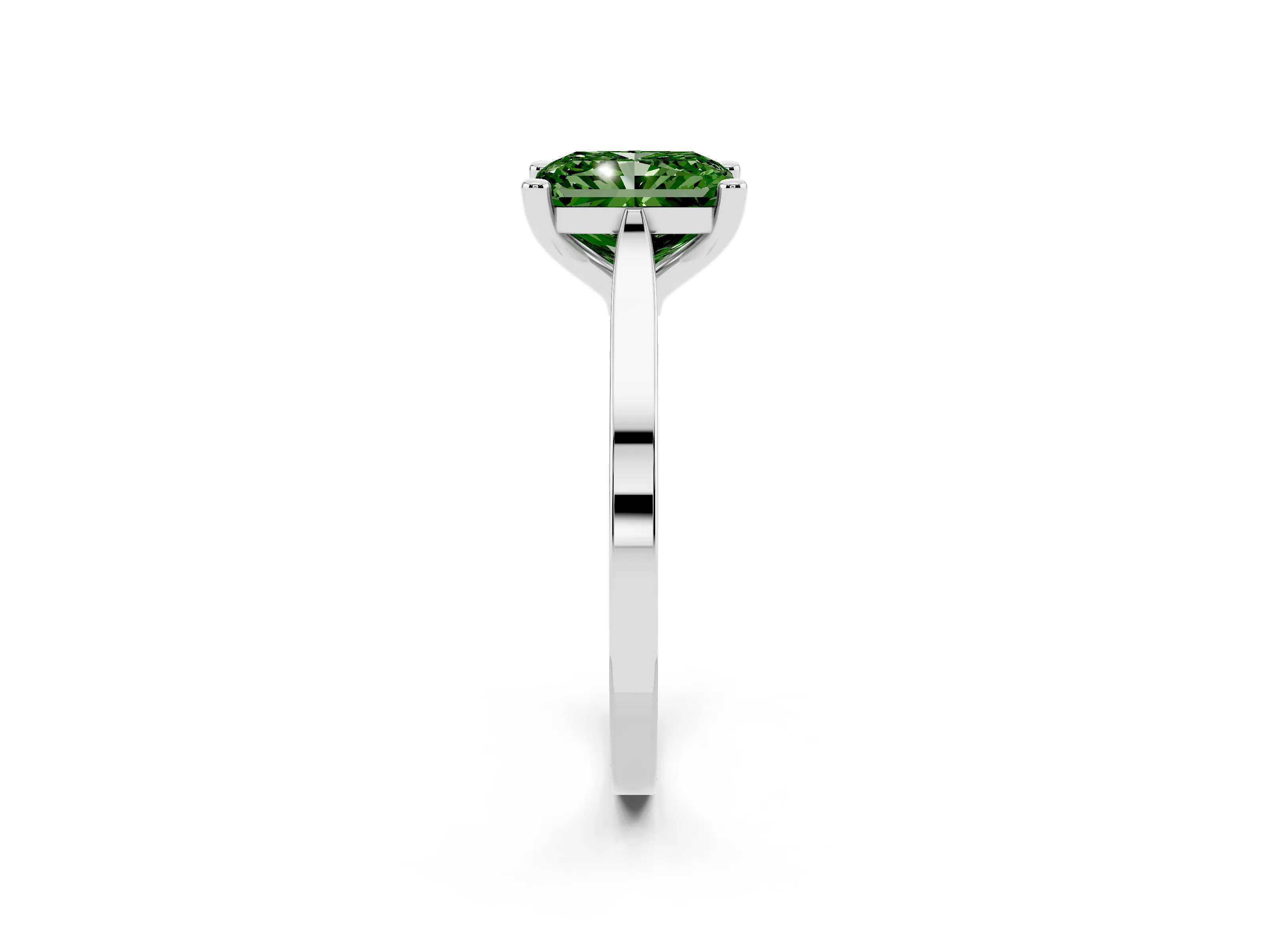 Fancy Green Radiant Cut Diamond Solitaire Ring Set in Silver with Prong Setting and Tapered Band