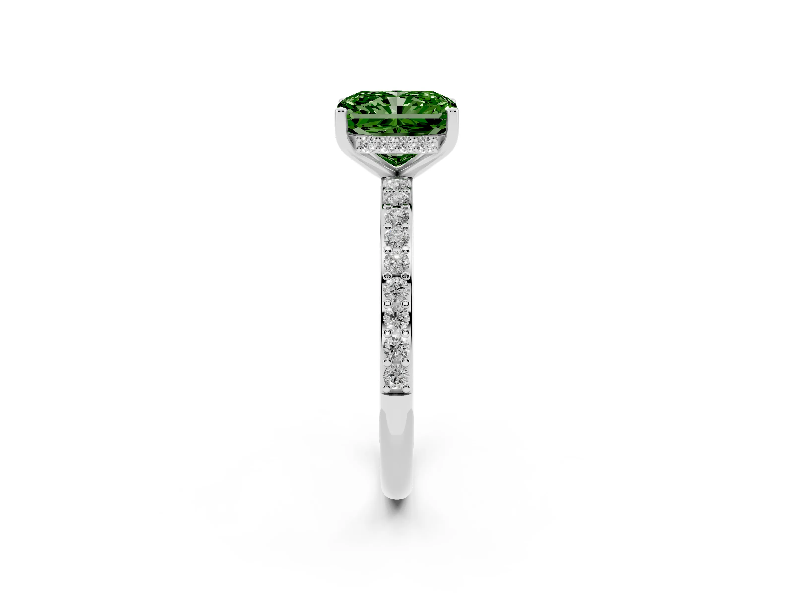 Fancy Green Radiant Cut Diamond Pavé Band Ring Set in Silver with Prong-Set Center Stone