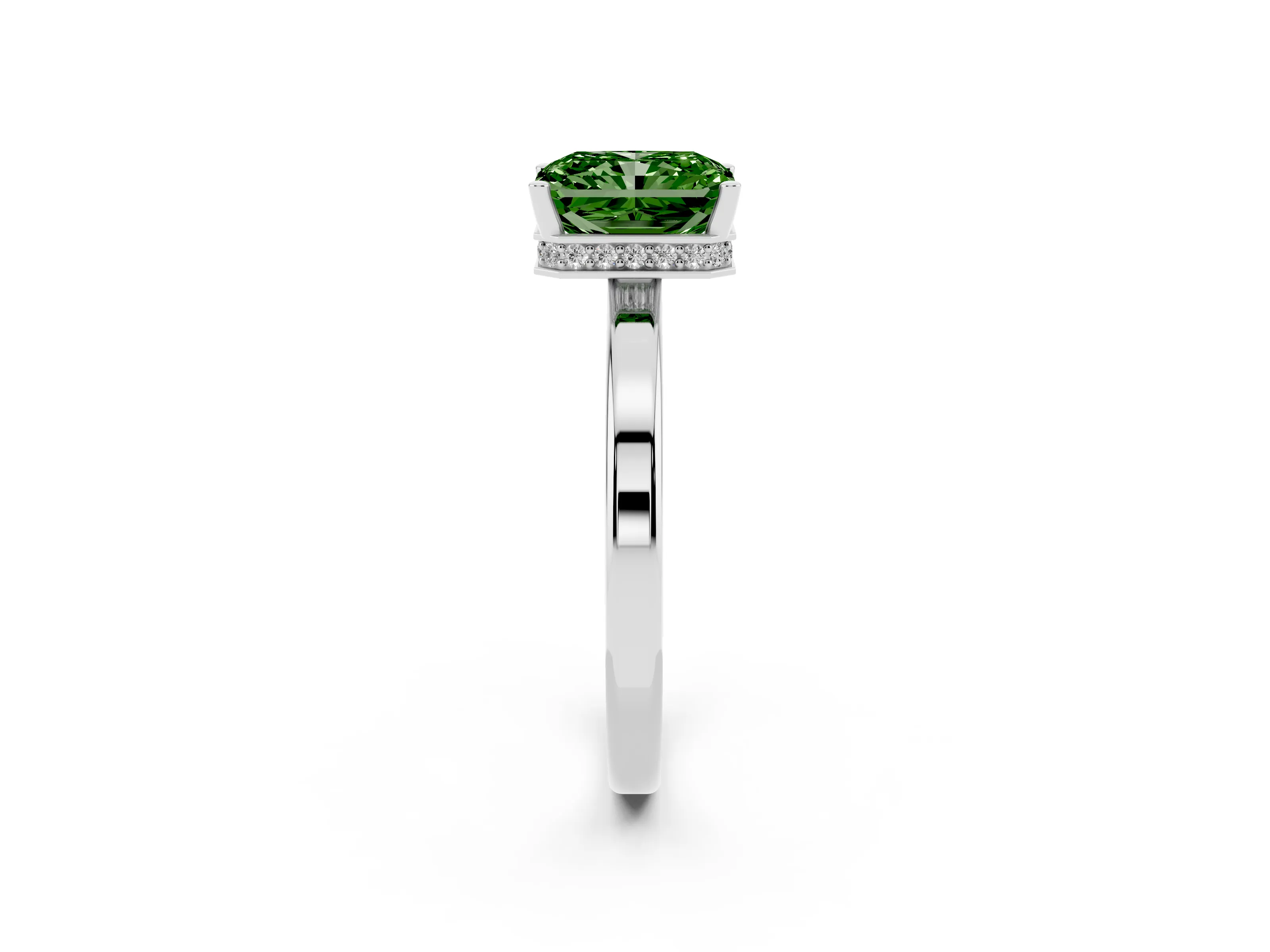 Fancy Green Radiant Cut Diamond Solitaire Engagement Ring Set in Silver with Prong Setting on a Plain Band
