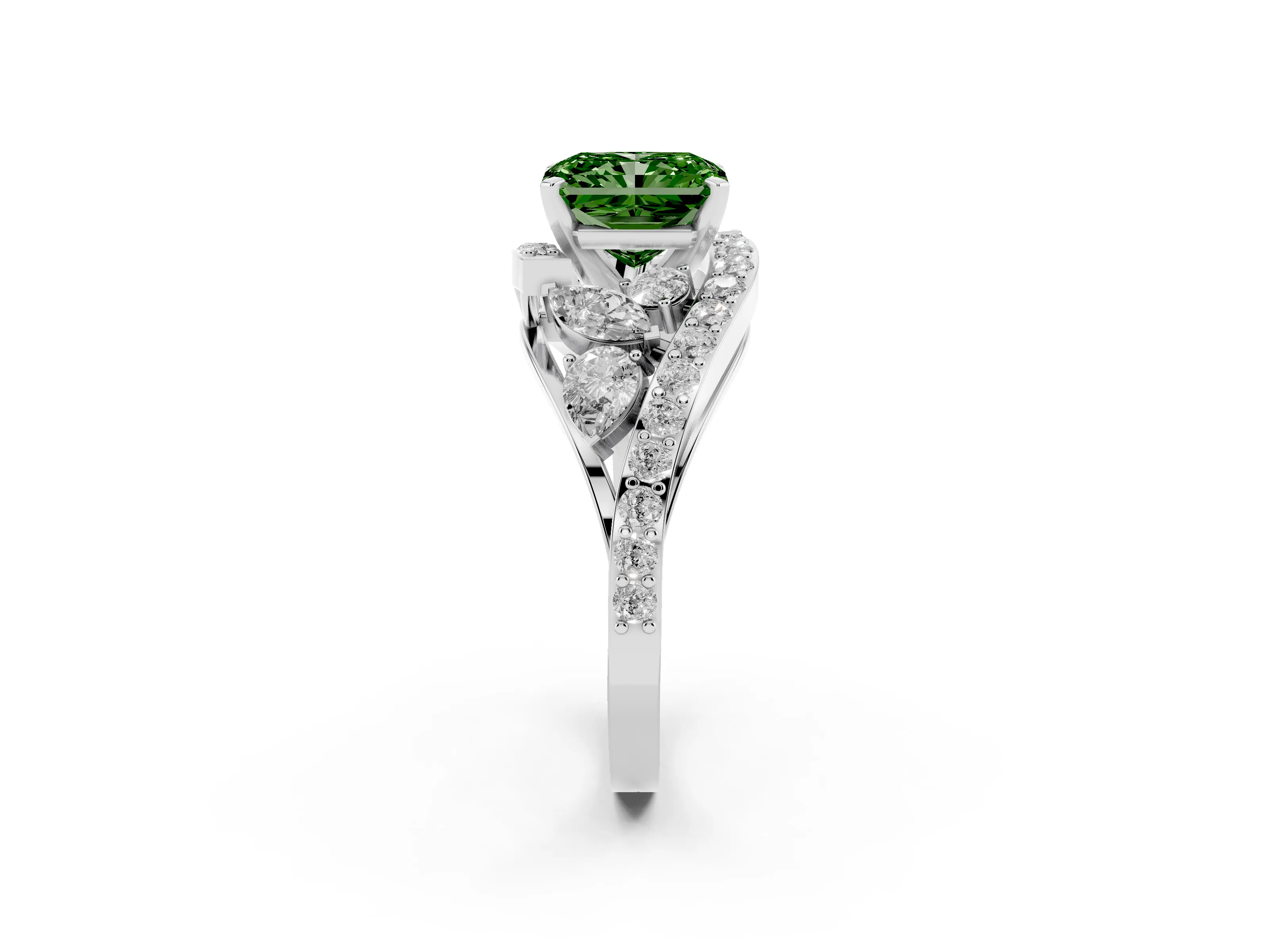 Fancy Green Radiant Cut Diamond Halo Ring Set in Silver with Marquise and Pavé Band in Prong Setting