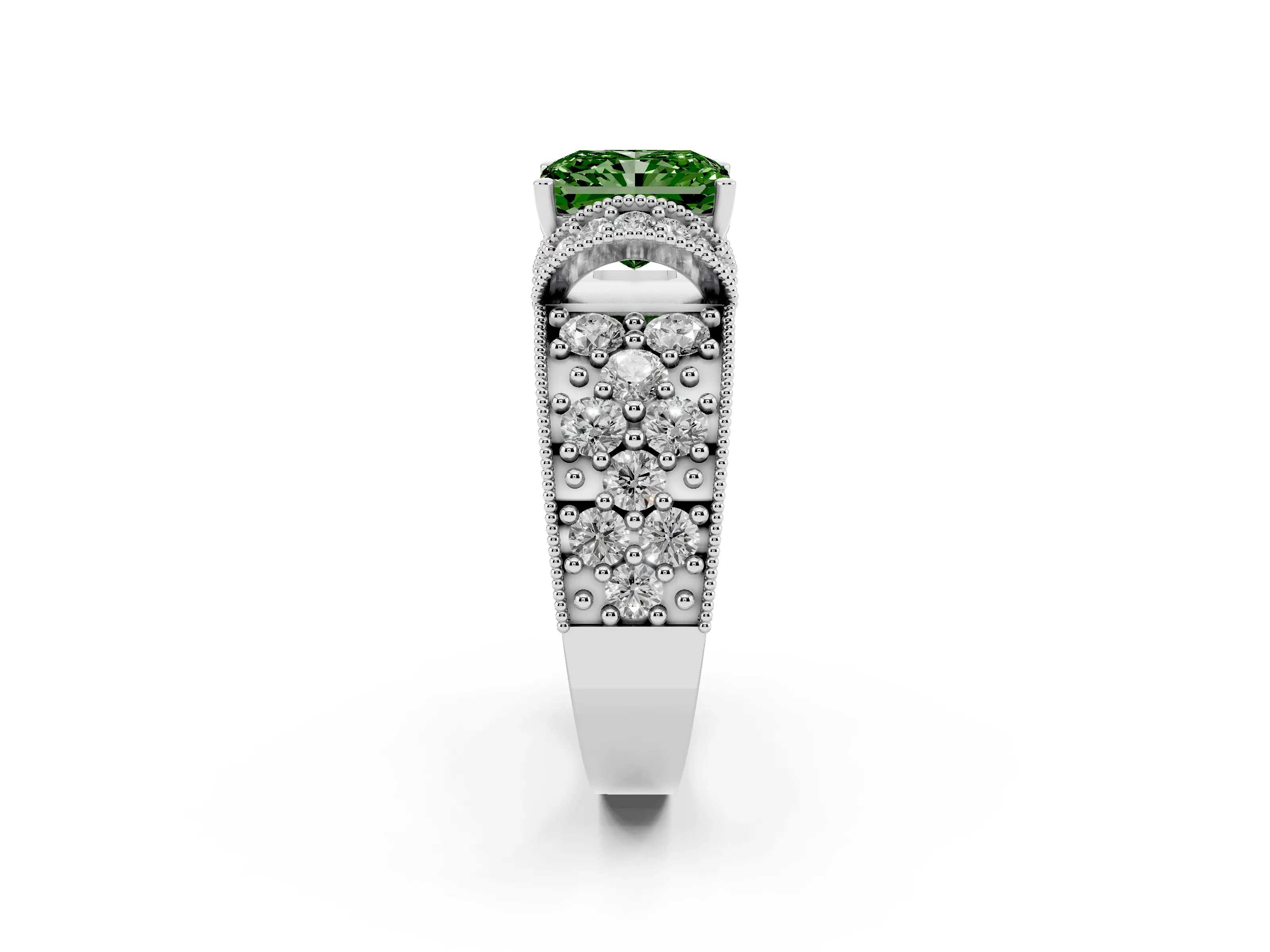 Fancy Green Radiant Cut Diamond Milgrain Halo Pavé Engagement Ring Set in White gold with Prong Setting