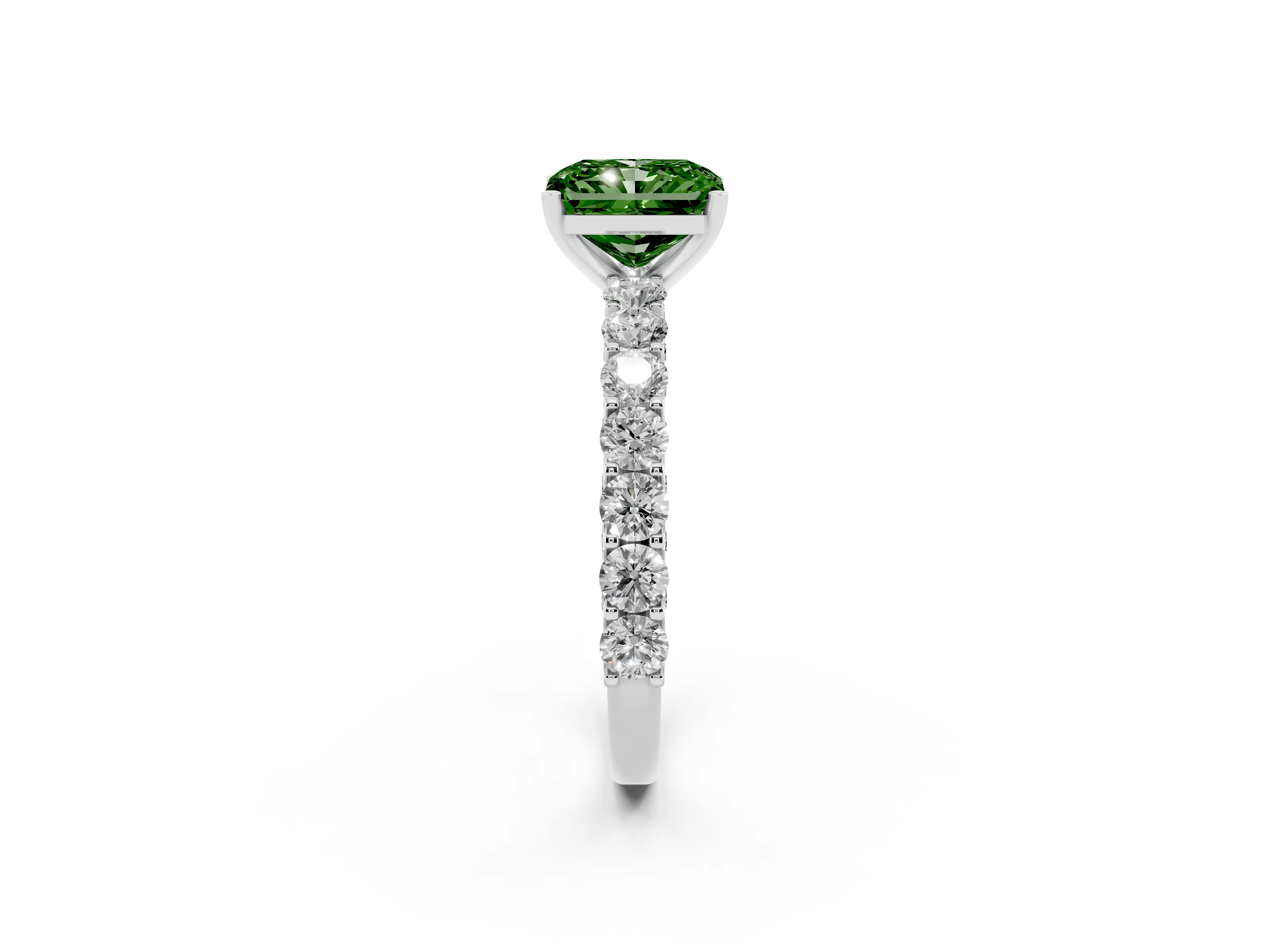 Fancy Green Radiant Cut Diamond Solitaire Ring Set in Silver with Shared Prong Pavé Band