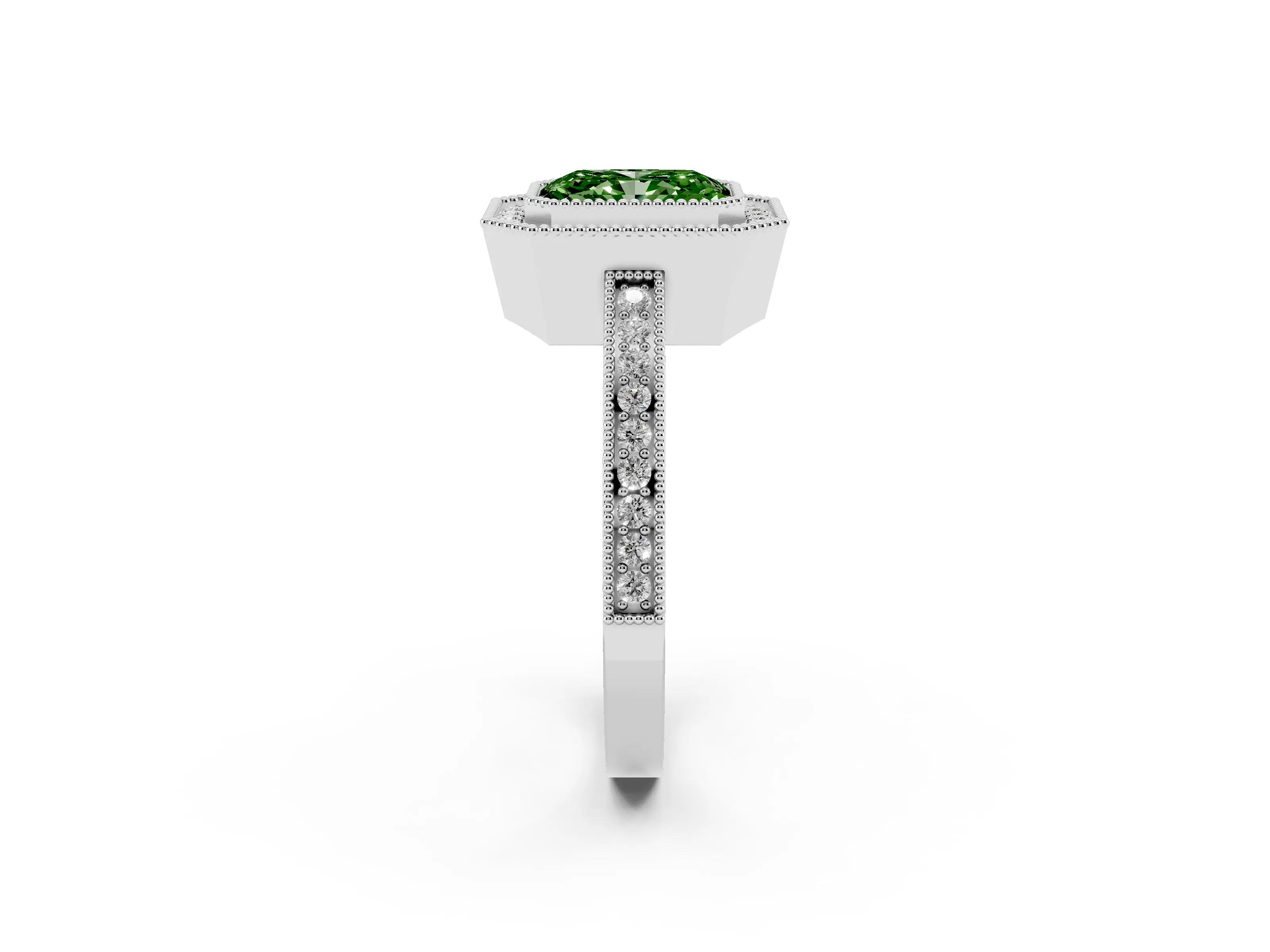 Fancy Green Radiant Cut Diamond Halo Ring Set in White gold with Pavé Band and Milgrain-Edged Prongs