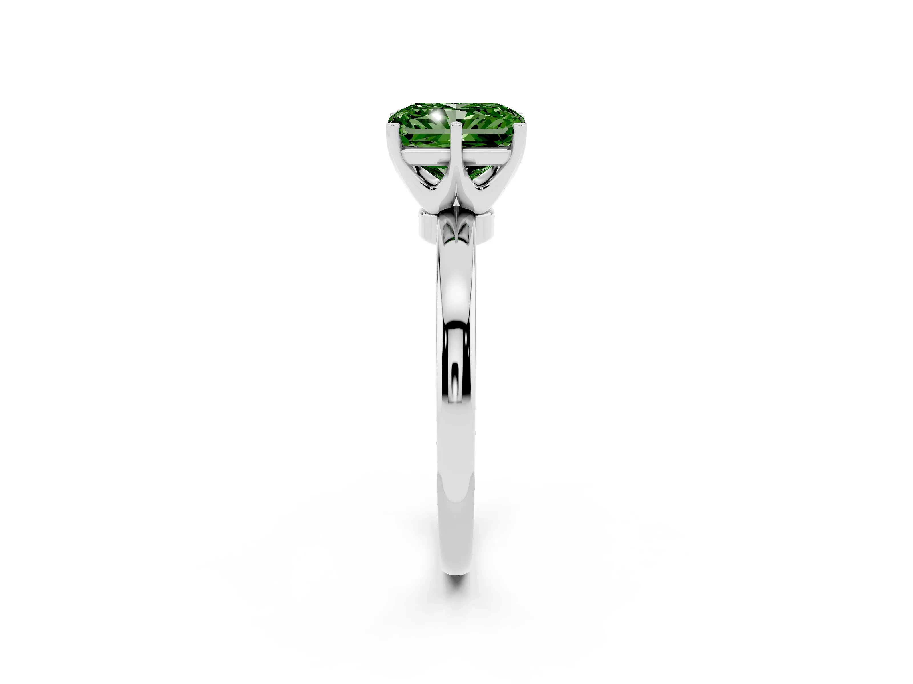 Fancy Green Radiant Cut Diamond Solitaire Ring Set in Silver with Raised Prong Setting on a Classic Band