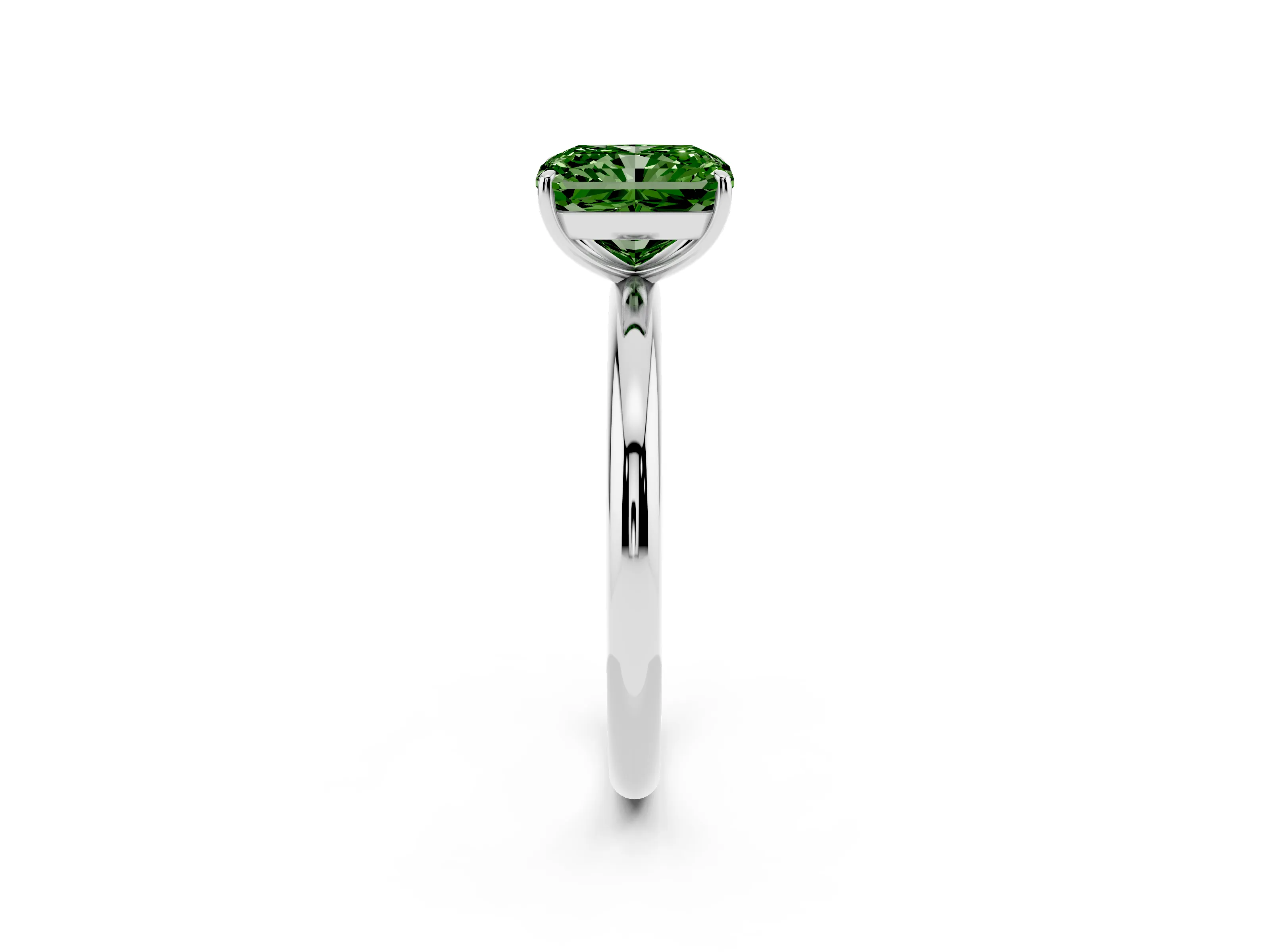 Fancy Green Radiant Cut Diamond Solitaire Ring Set in Silver with Prong Setting on a Polished Plain Band