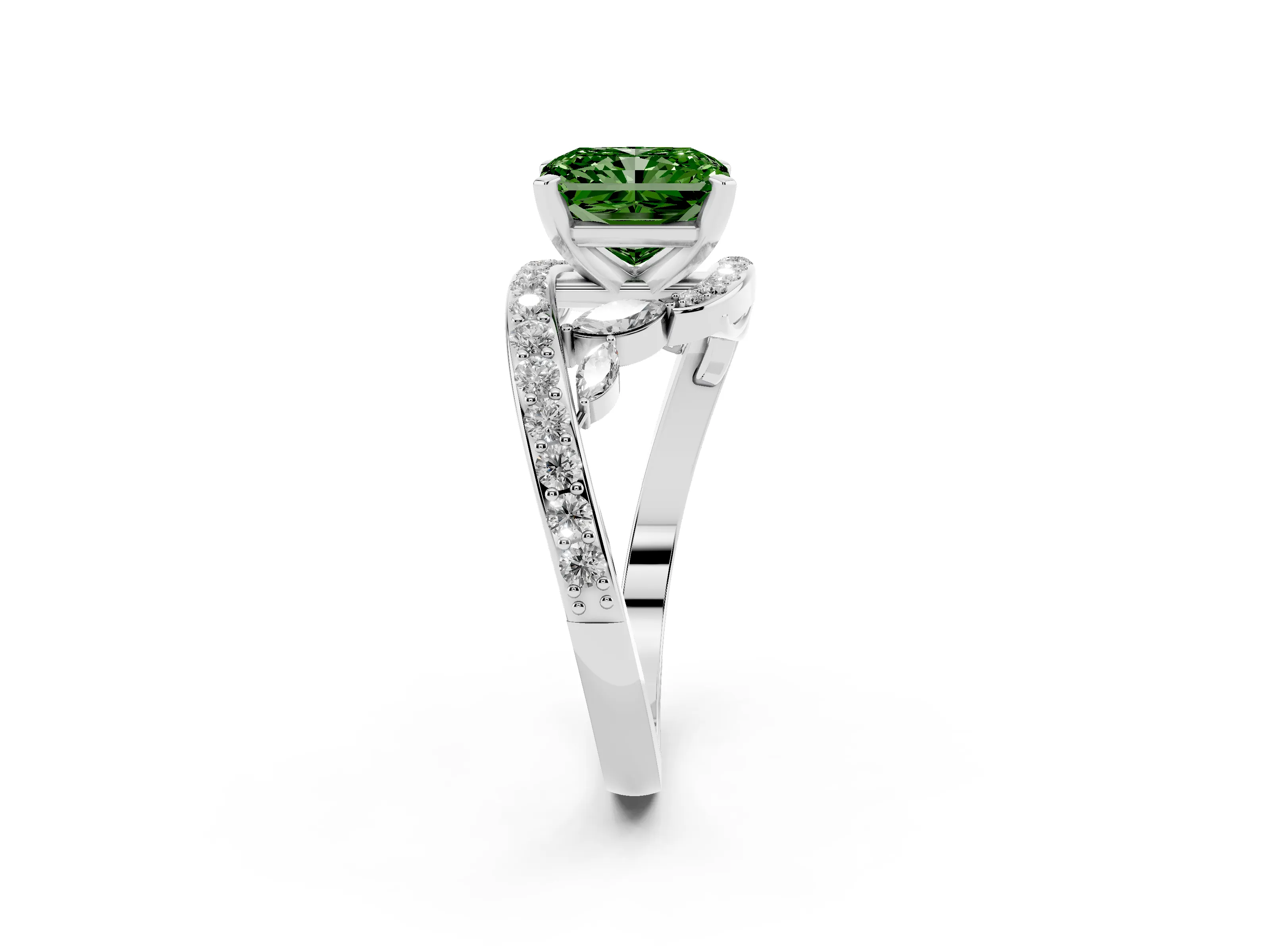Fancy Green Radiant Cut Diamond Solitaire Ring Set in White gold with Pavé Twist Band and Secure Prong Setting