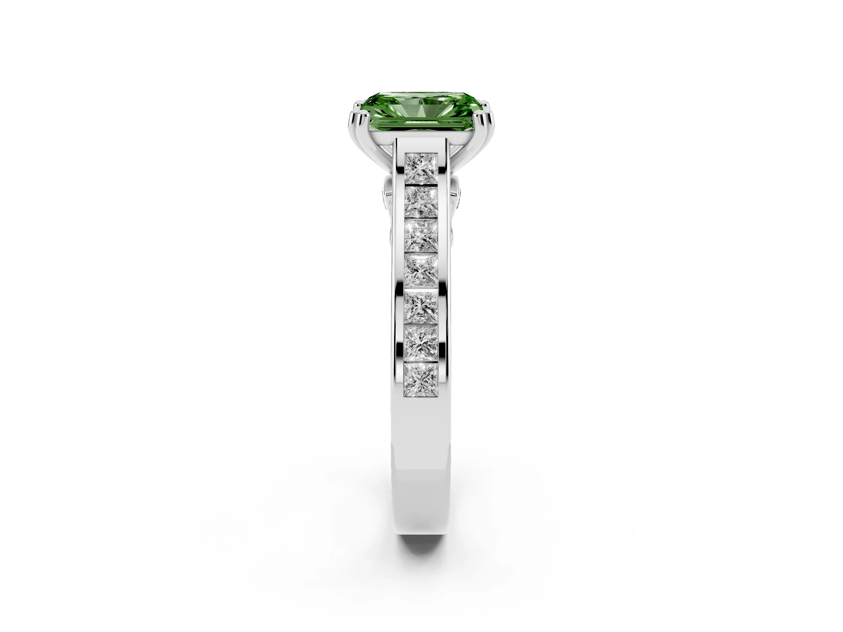 Fancy Green Radiant Cut Diamond Channel Set Solitaire Engagement Ring Set in Platinum with Prong Setting