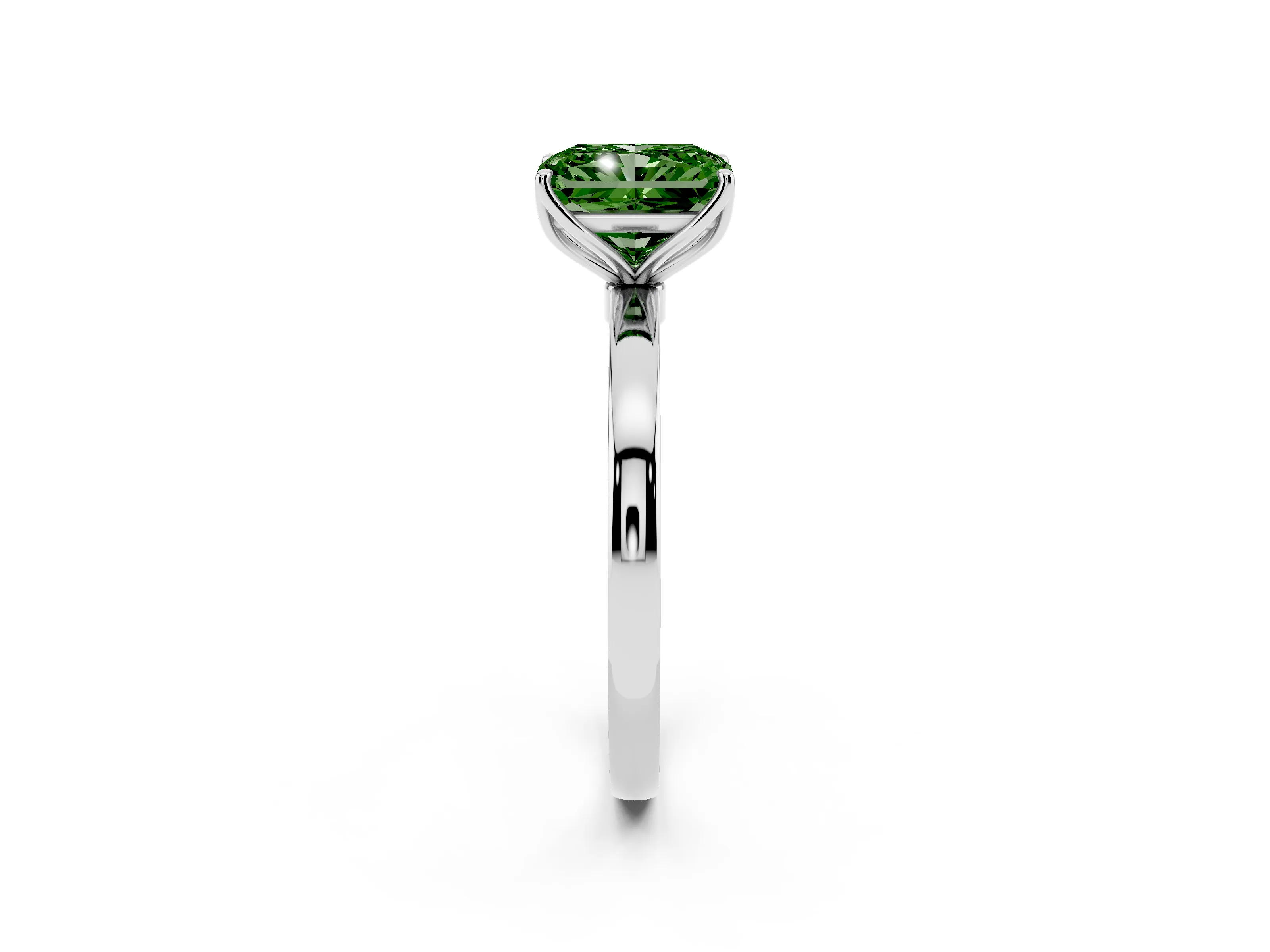 Fancy Green Radiant Cut Diamond Solitaire Ring Set in Platinum with Prong Setting and Thin Polished Band