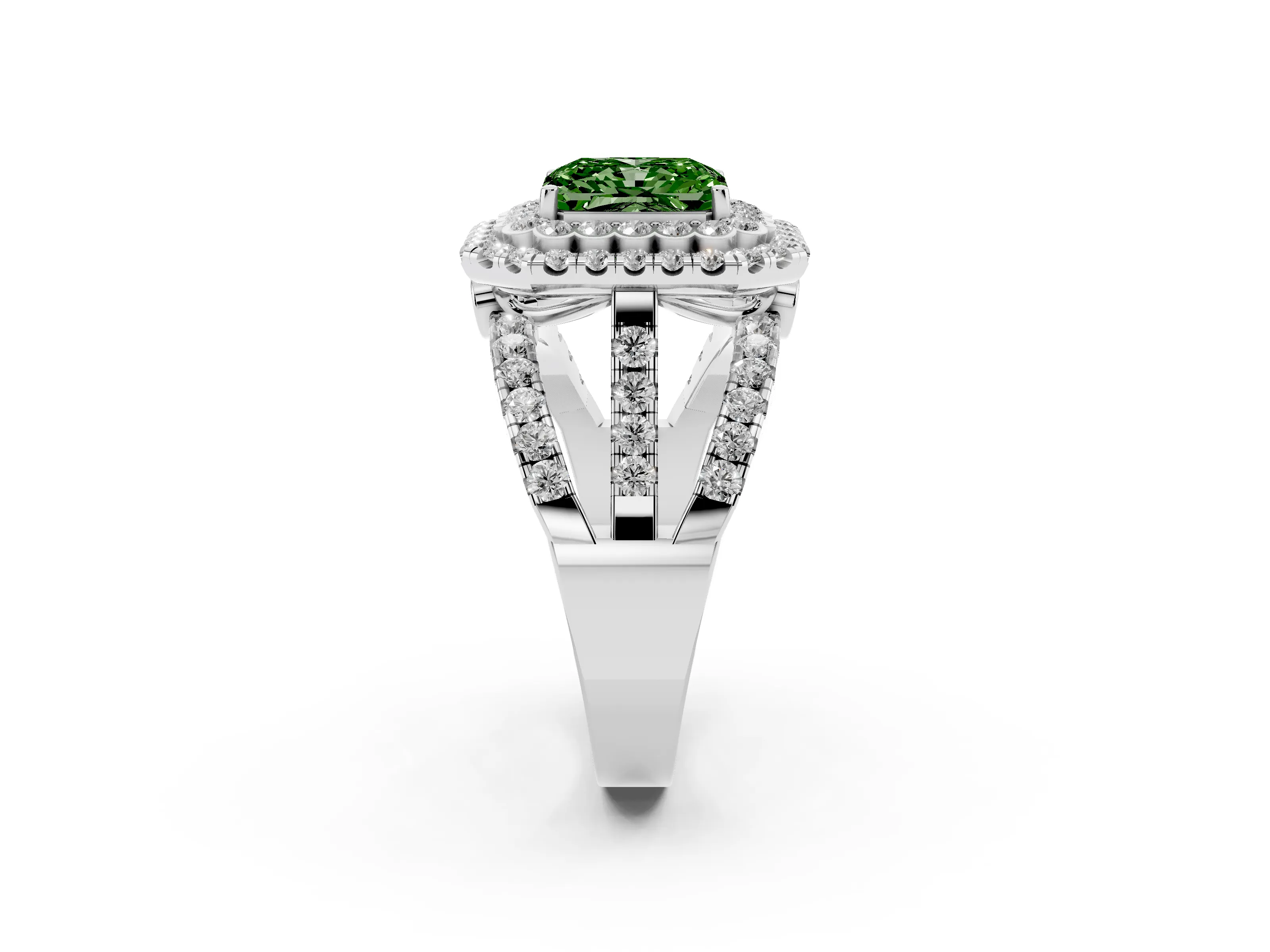 Fancy Green Radiant Cut Diamond Double Halo Ring Set in White gold with Round Pavé Split Shank