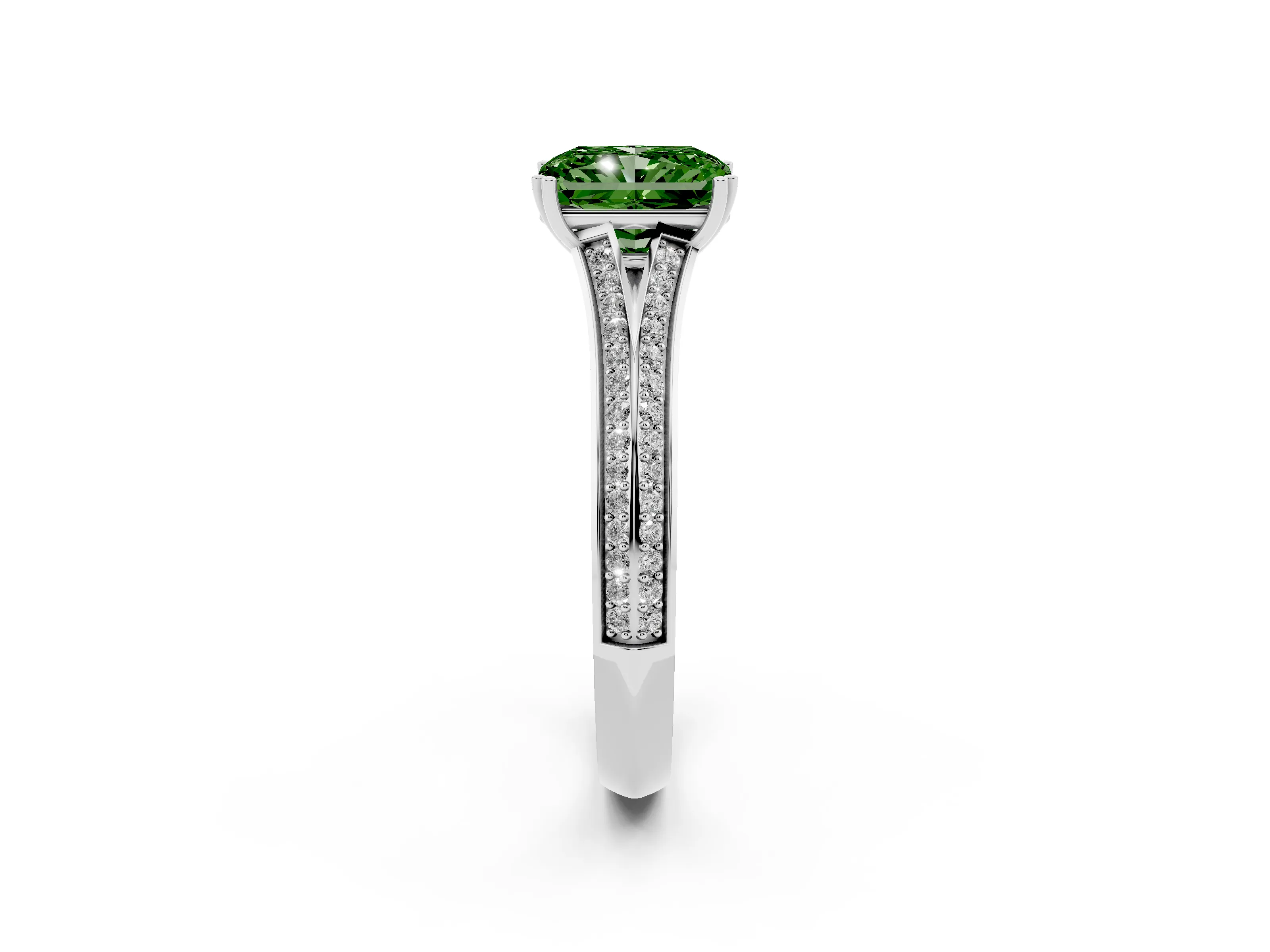 Fancy Green Radiant Cut Diamond Split Shank Pavé Engagement Ring Set in Platinum with Prong-Set Center Stone