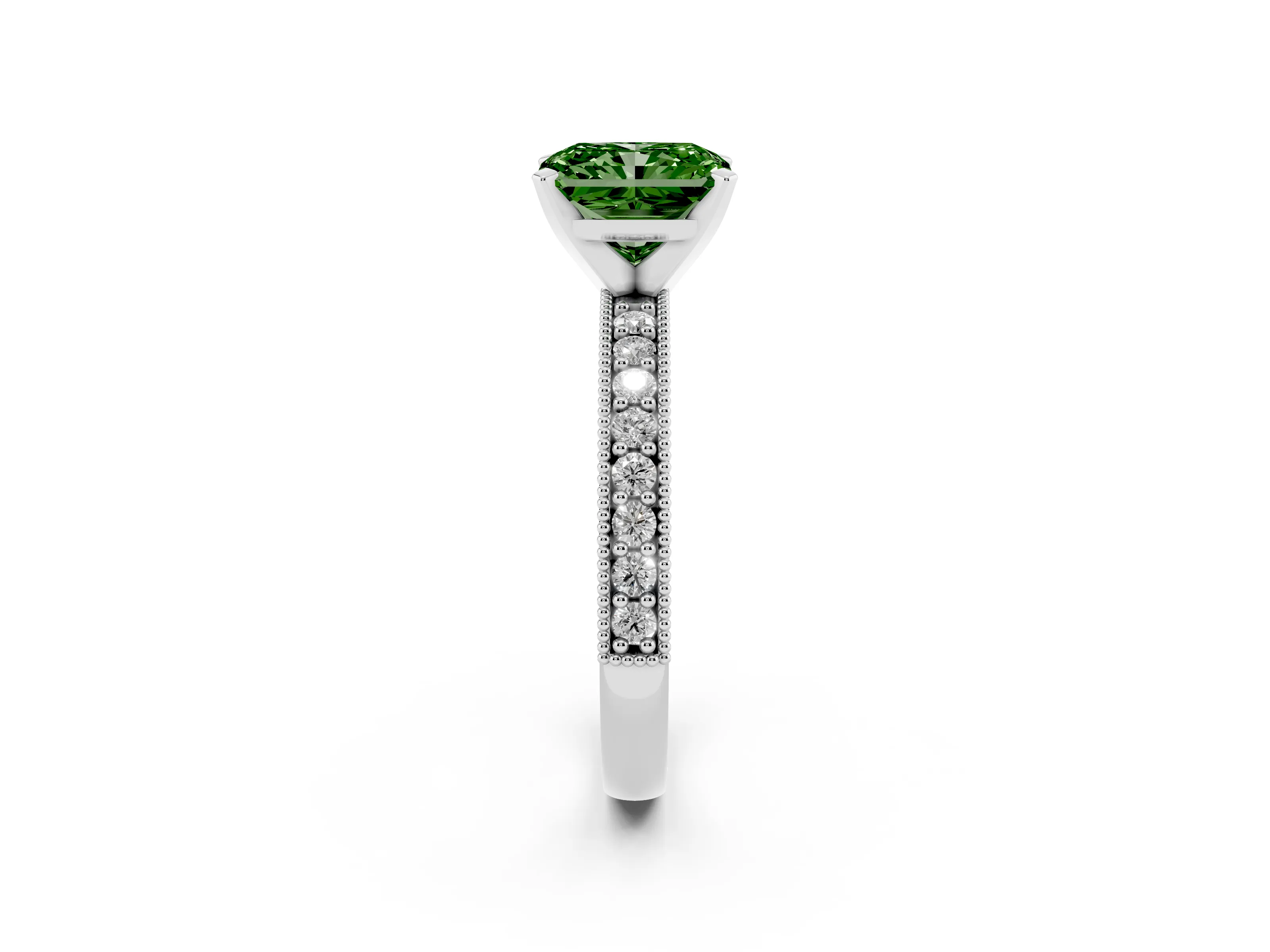 Fancy Green Radiant Cut Diamond Milgrain Pavé Engagement Ring Set in White gold with Prong Setting