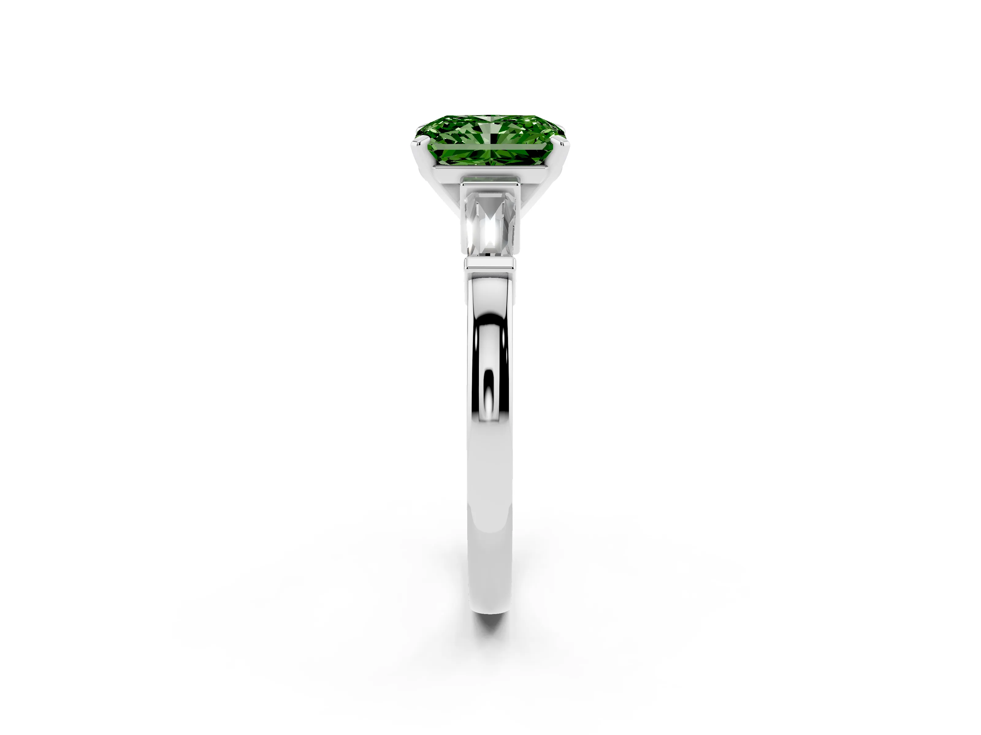 Fancy Green Radiant Cut Diamond Solitaire Ring Set in White gold with Tapered Baguette Accents and Prong Setting