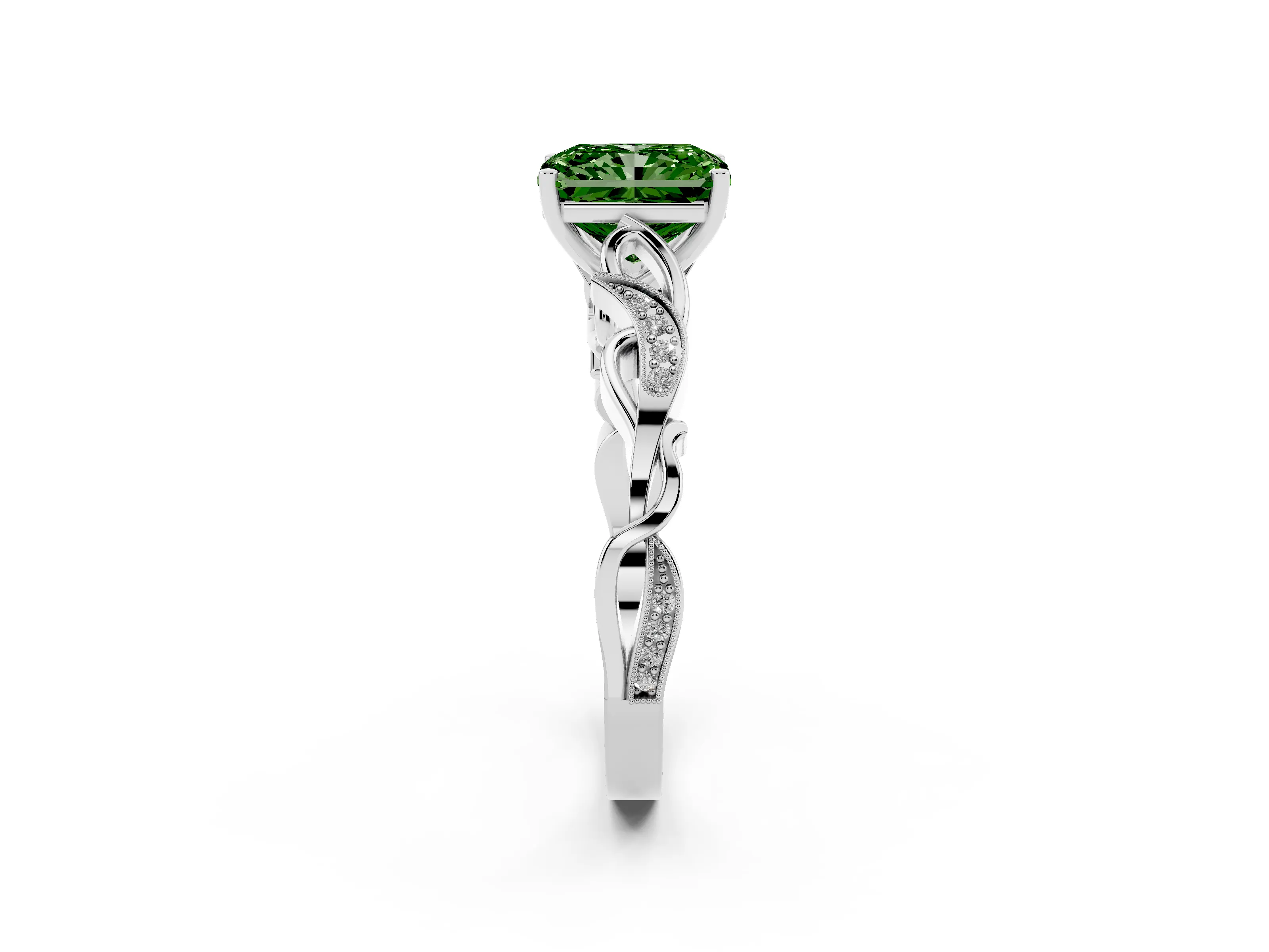 Fancy Green Radiant Cut Diamond Vine Band Solitaire Ring Set in Platinum with Milgrain Prong Setting