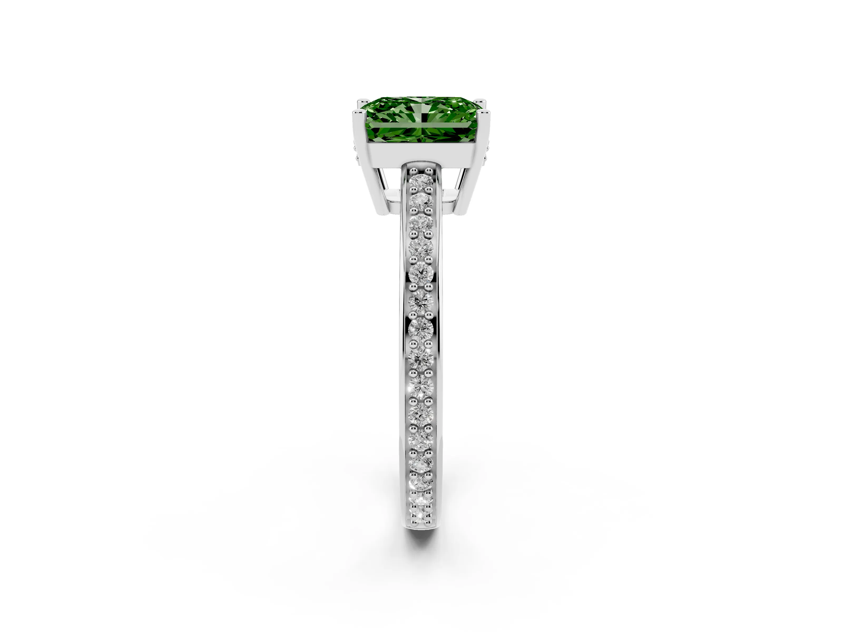 Fancy Green Radiant Cut Diamond Pavé Band Prong Set Solitaire Ring Set in Silver