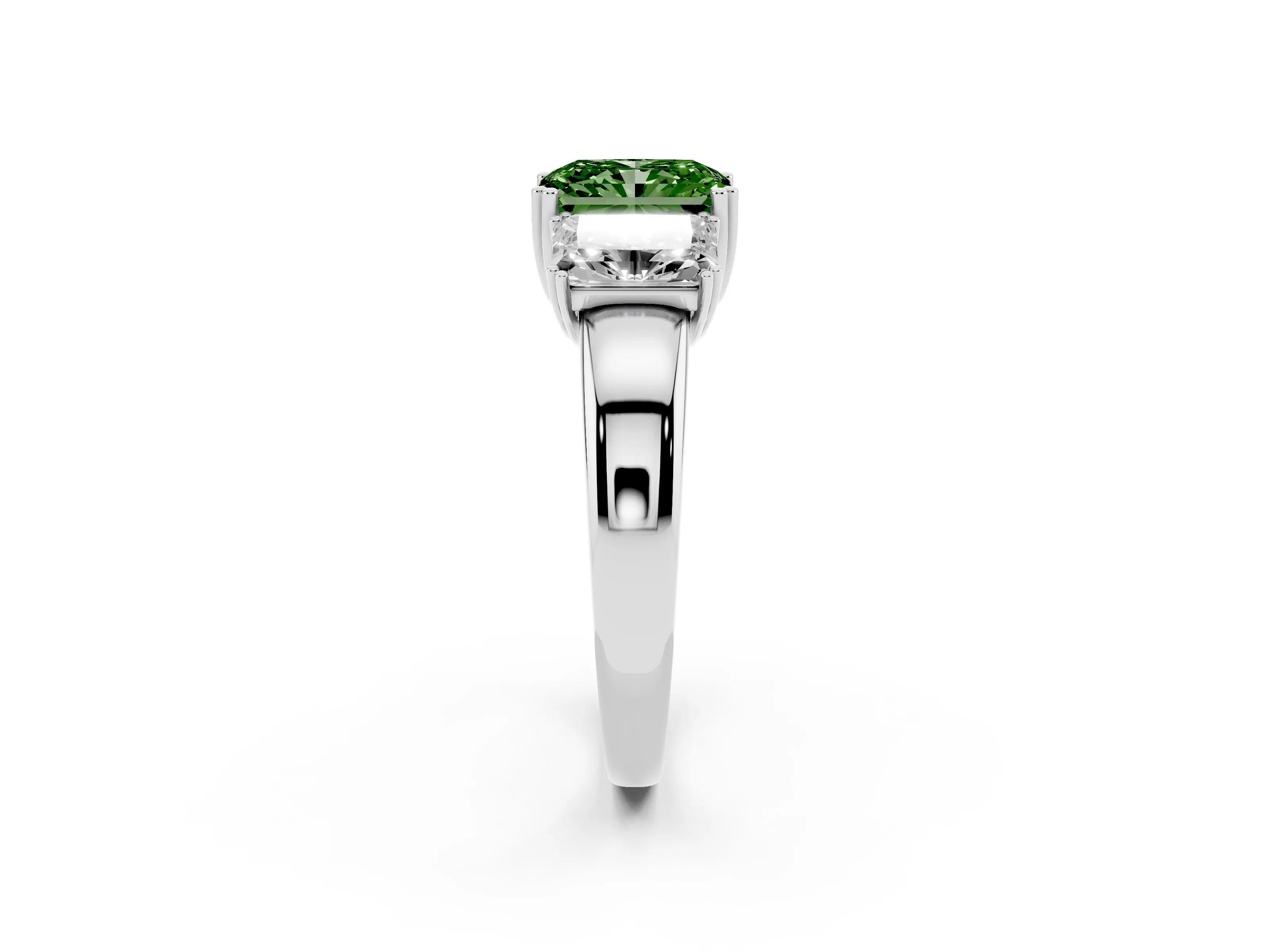 Fancy Green Radiant Cut Diamond Three-Stone Ring Set in Platinum with Polished Channel-Set Band