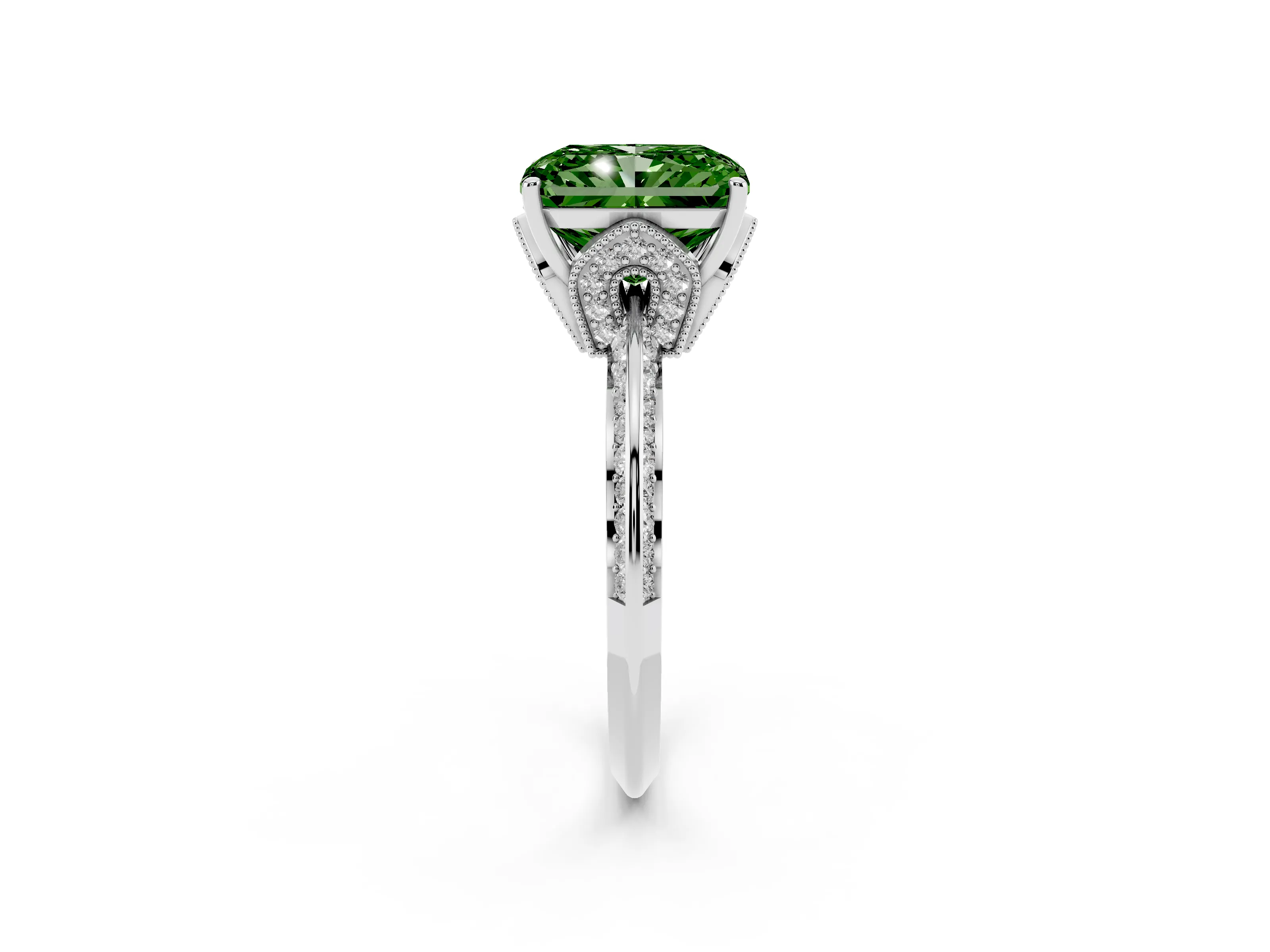 Fancy Green Radiant Cut Diamond Solitaire Engagement Ring Set in Silver with Pavé Split Shank and Prong Setting