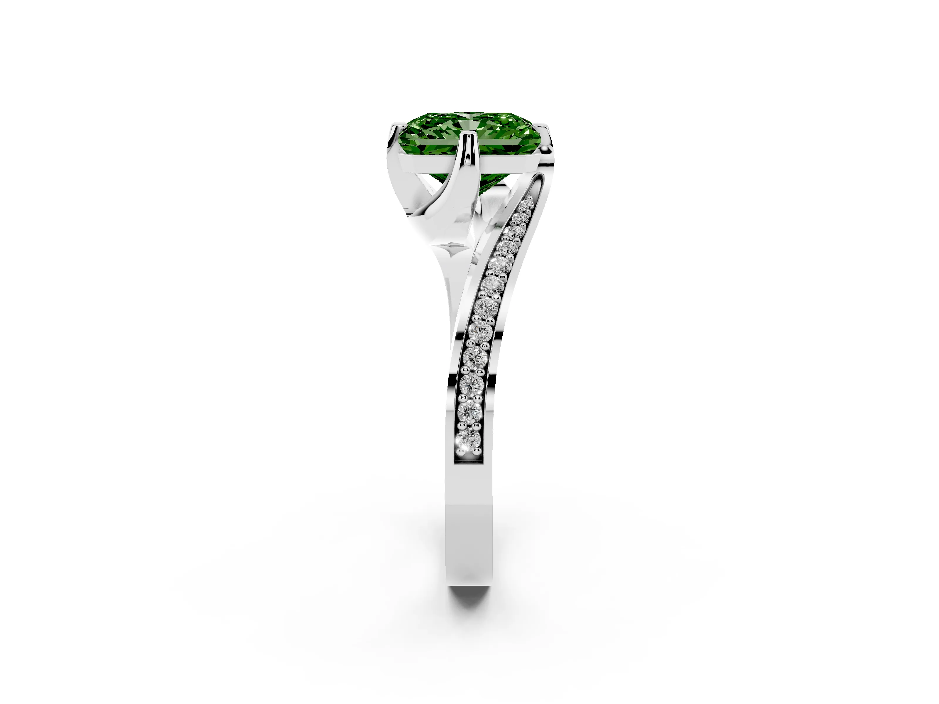 Fancy Green Radiant Cut Diamond Solitaire Ring Set in Platinum with Intertwined Pavé Twist Band