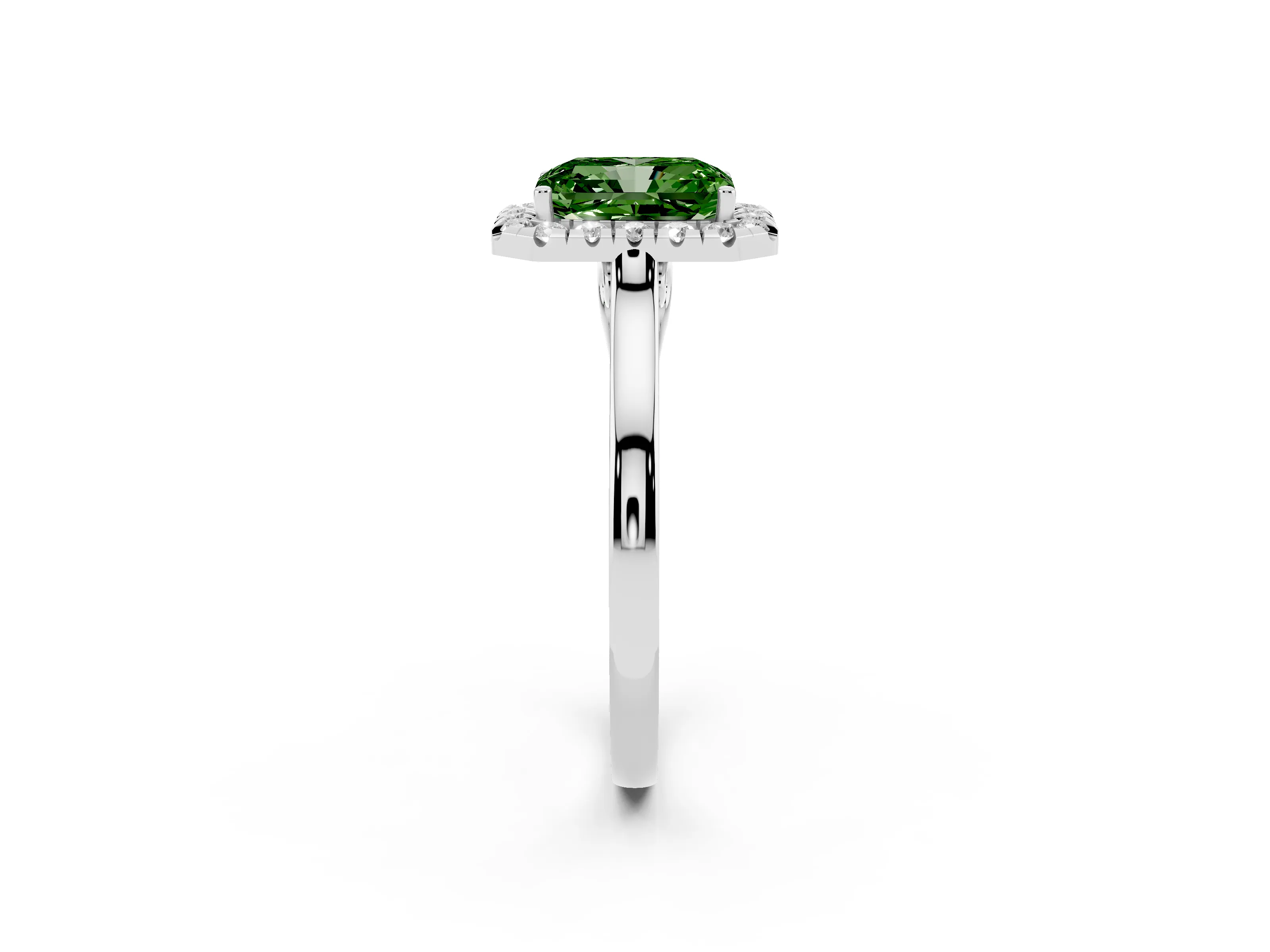 Fancy Green Radiant Cut Halo Round Diamond Solitaire Ring Set in White gold with Pavé Band and Prong Setting