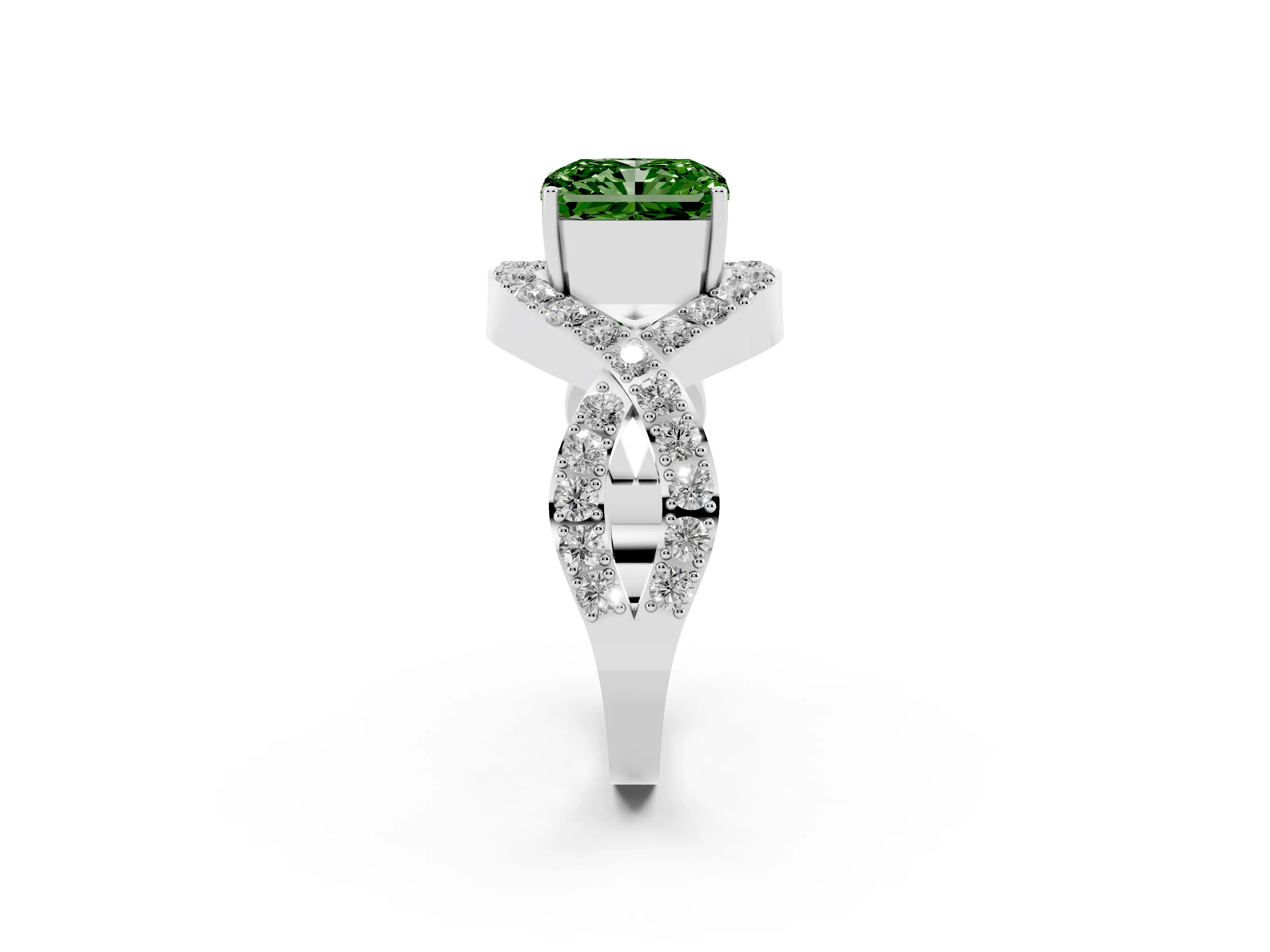 Fancy Green Radiant Cut Diamond Solitaire Twist Band Pavé Engagement Ring Set in White gold