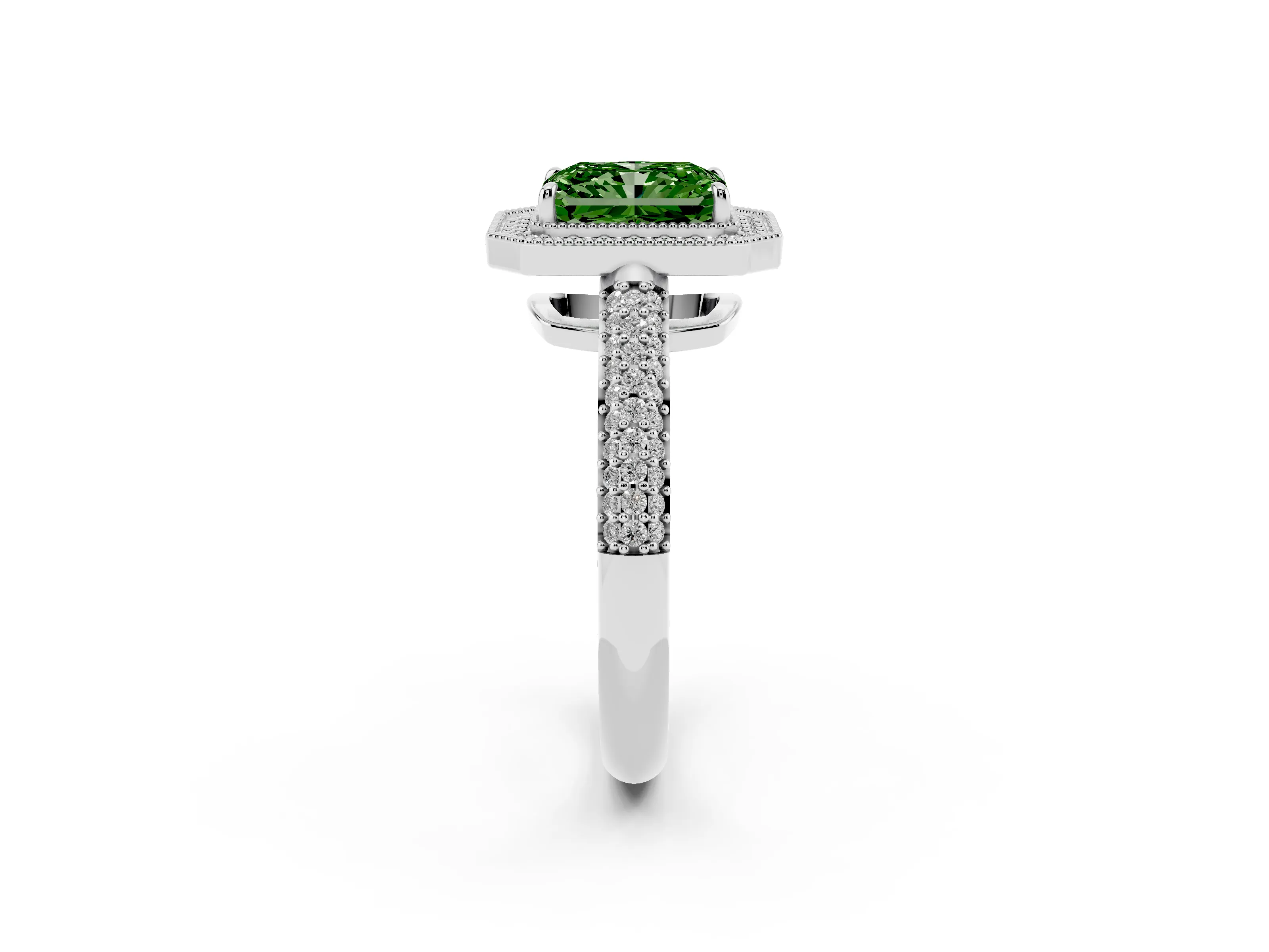 Fancy Green Radiant Cut Diamond Halo Pavé Band Set in White gold with Prong Setting