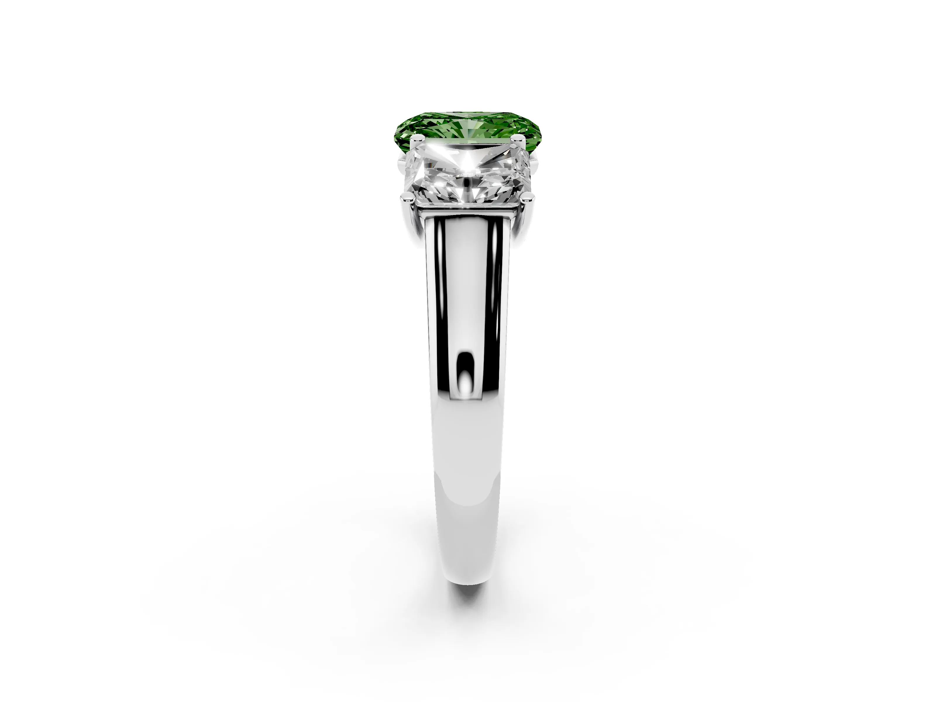 Fancy Green Radiant Cut Diamond Three-Stone Ring Set in White gold with Plain Polished Band