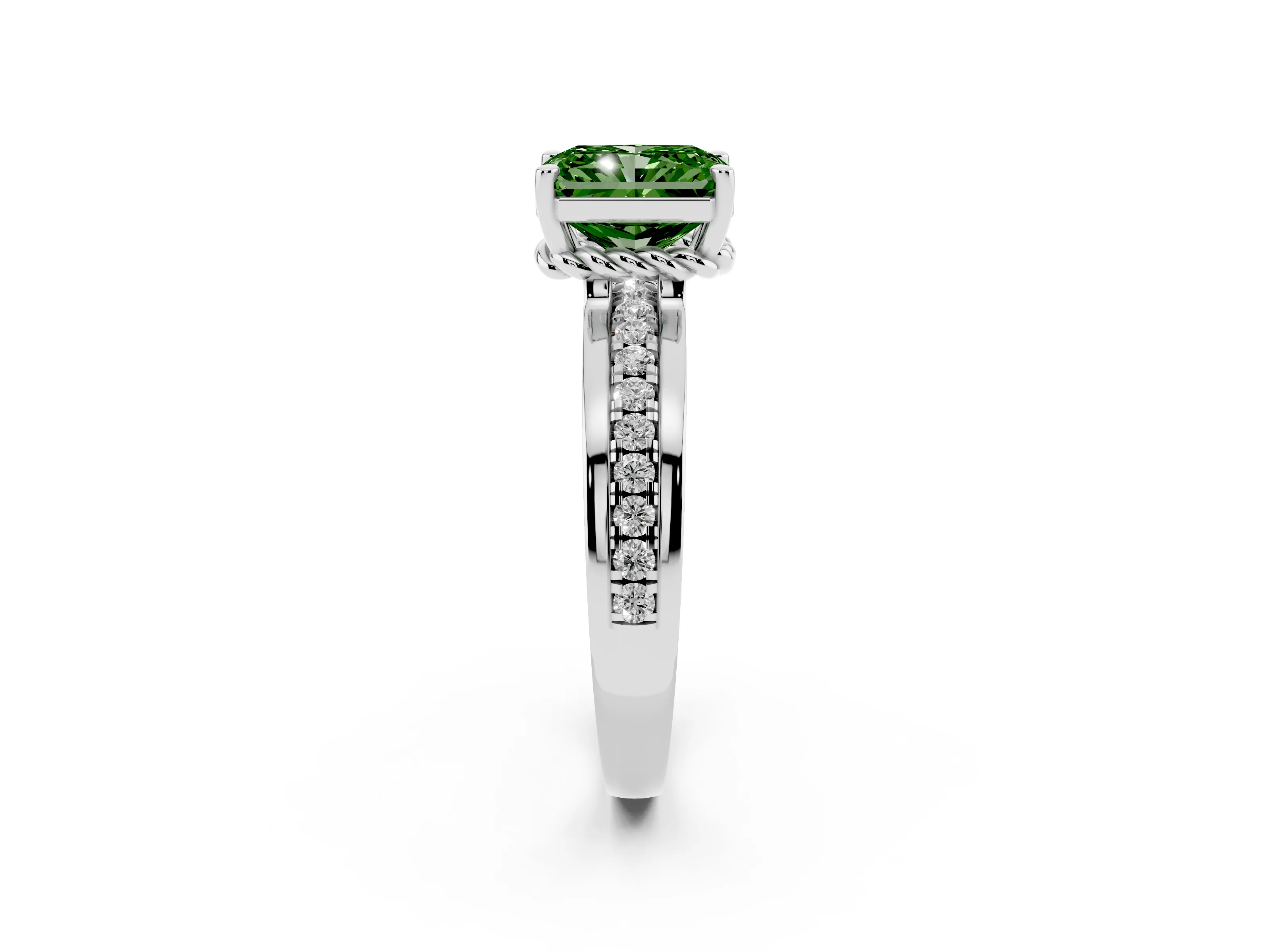 Fancy Green Radiant Cut Diamond Solitaire Ring Set in White gold with Channel Set Band and Prong Setting