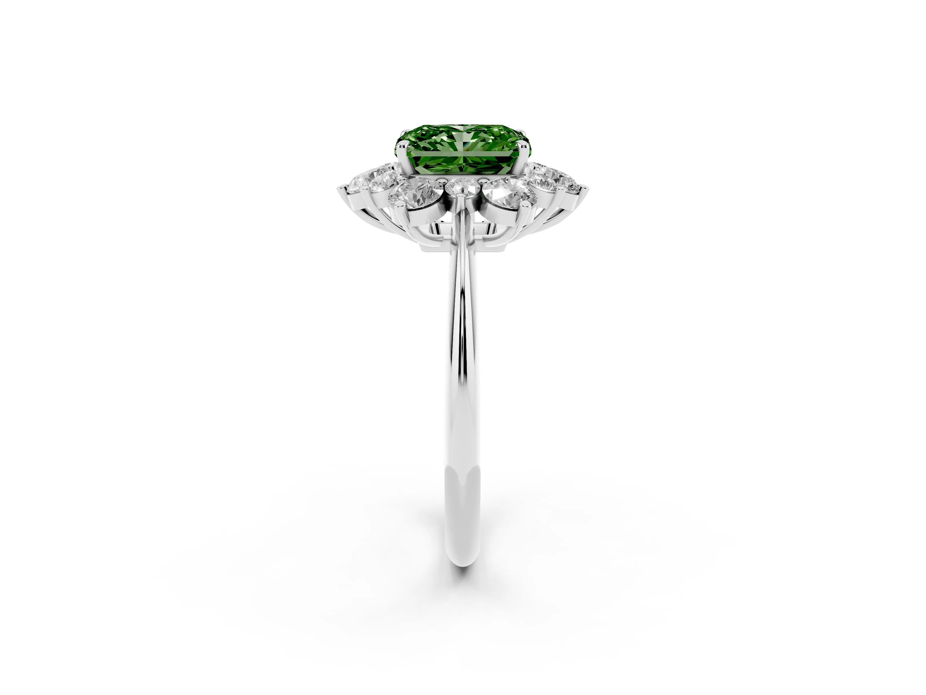 Fancy Green Radiant Cut Diamond Cluster Halo Ring Set in Silver with Solitaire Band and Prong Setting