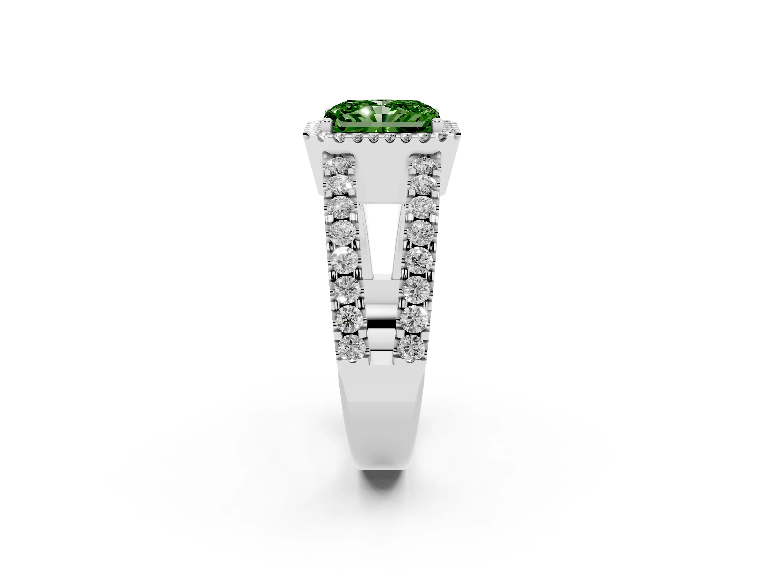 Fancy Green Radiant Cut Diamond Halo Ring Set in Platinum with Pavé Split Shank and Prong Setting