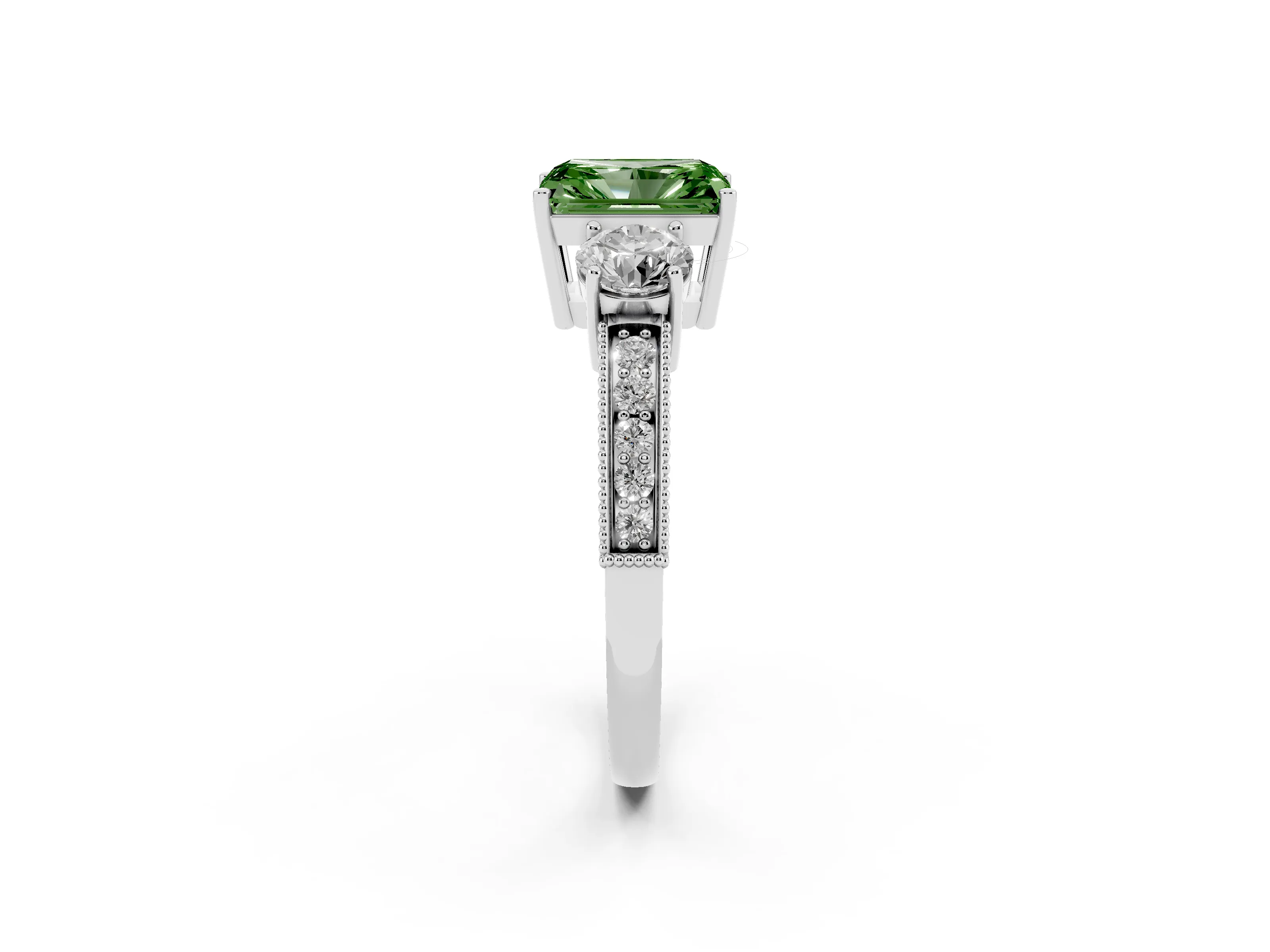 Fancy Green Radiant Cut Diamond Three-Stone Ring Set in Platinum with Round Side Stones and Pavé Band