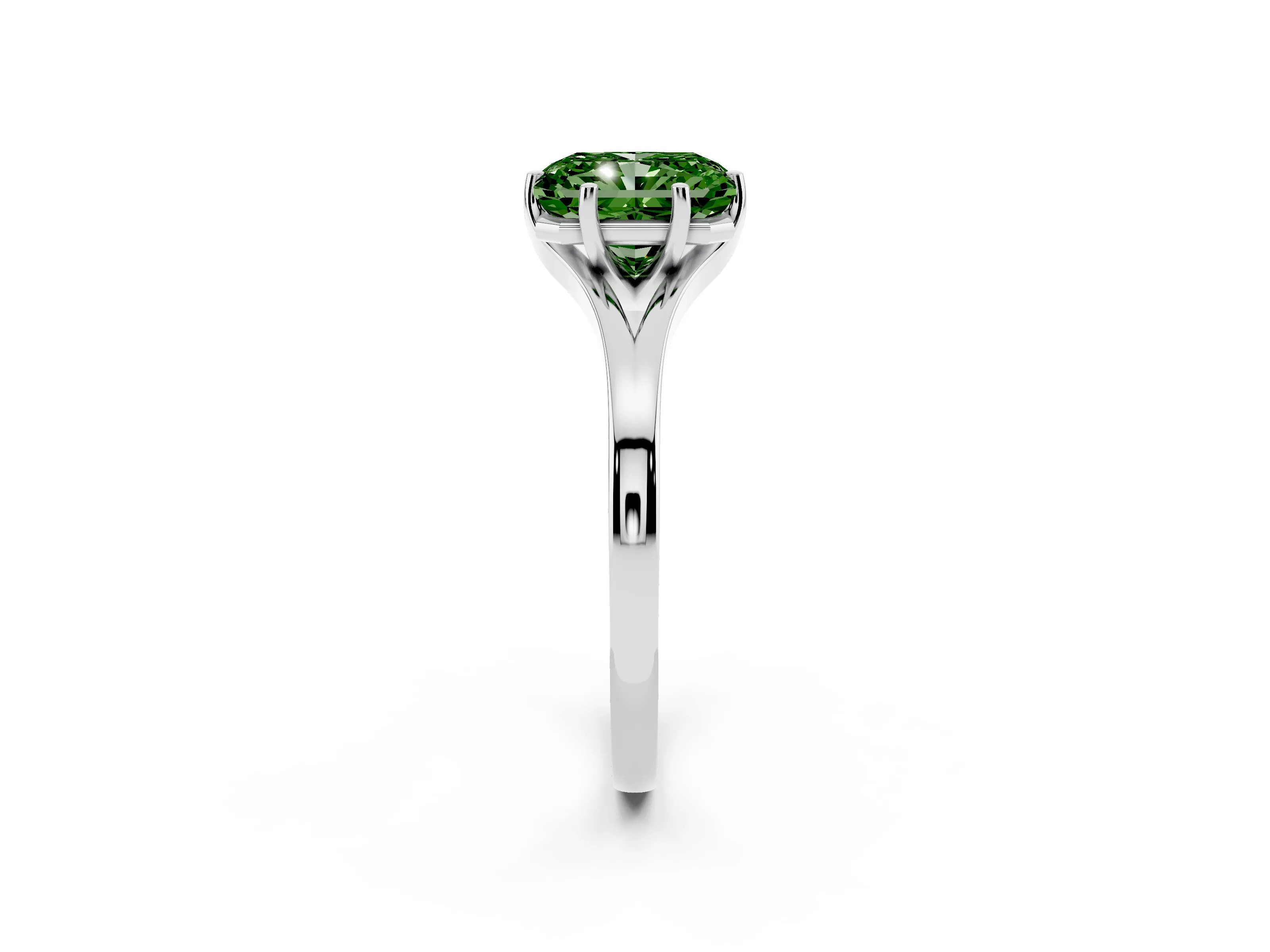 Fancy Green Radiant Cut Diamond Solitaire Ring Set in White gold with Polished Tapered Band and Prong Setting