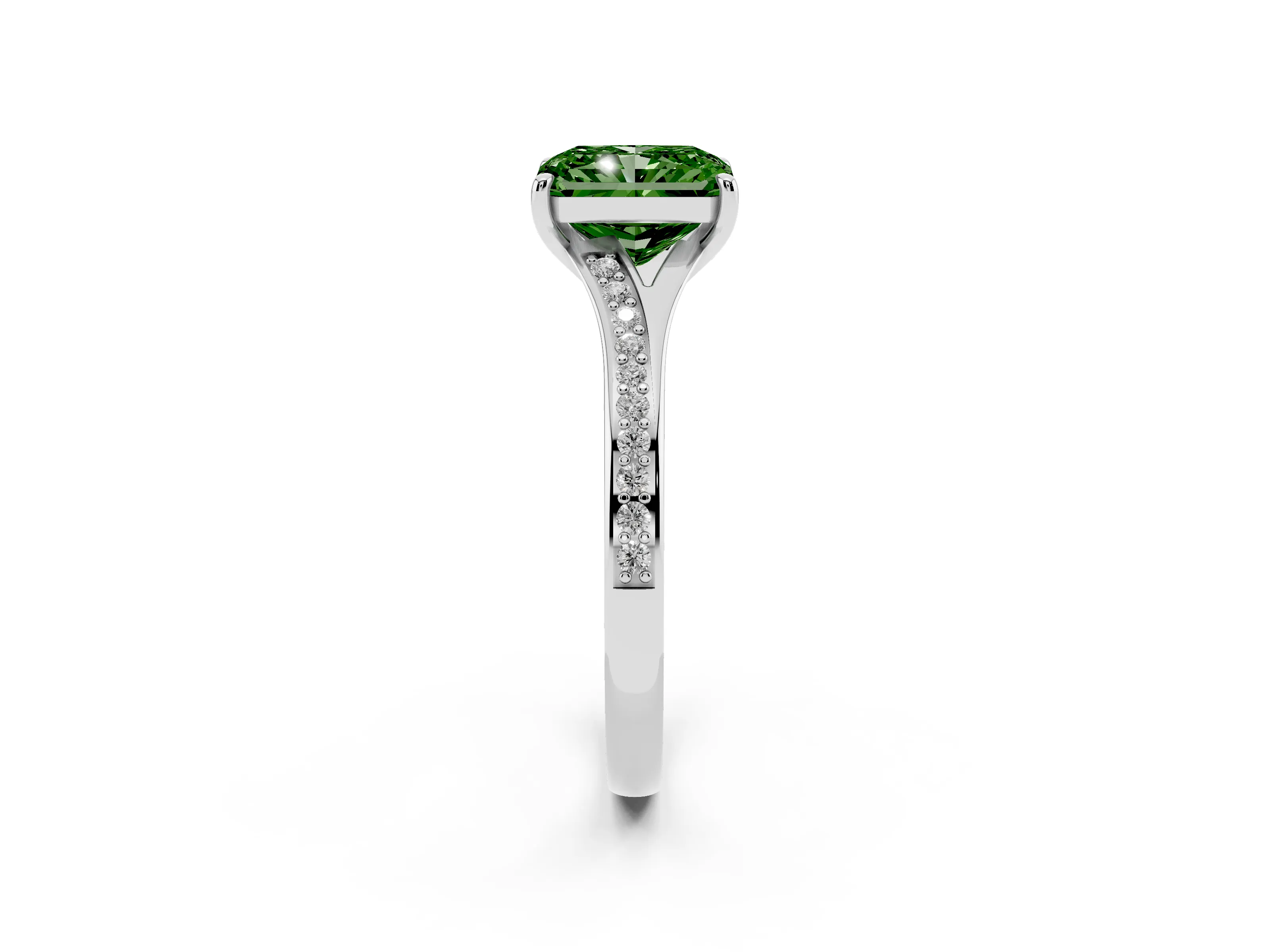 Fancy Green Radiant Cut Diamond Solitaire Ring Set in Platinum with Pavé Accent Band and Classic Prong Setting