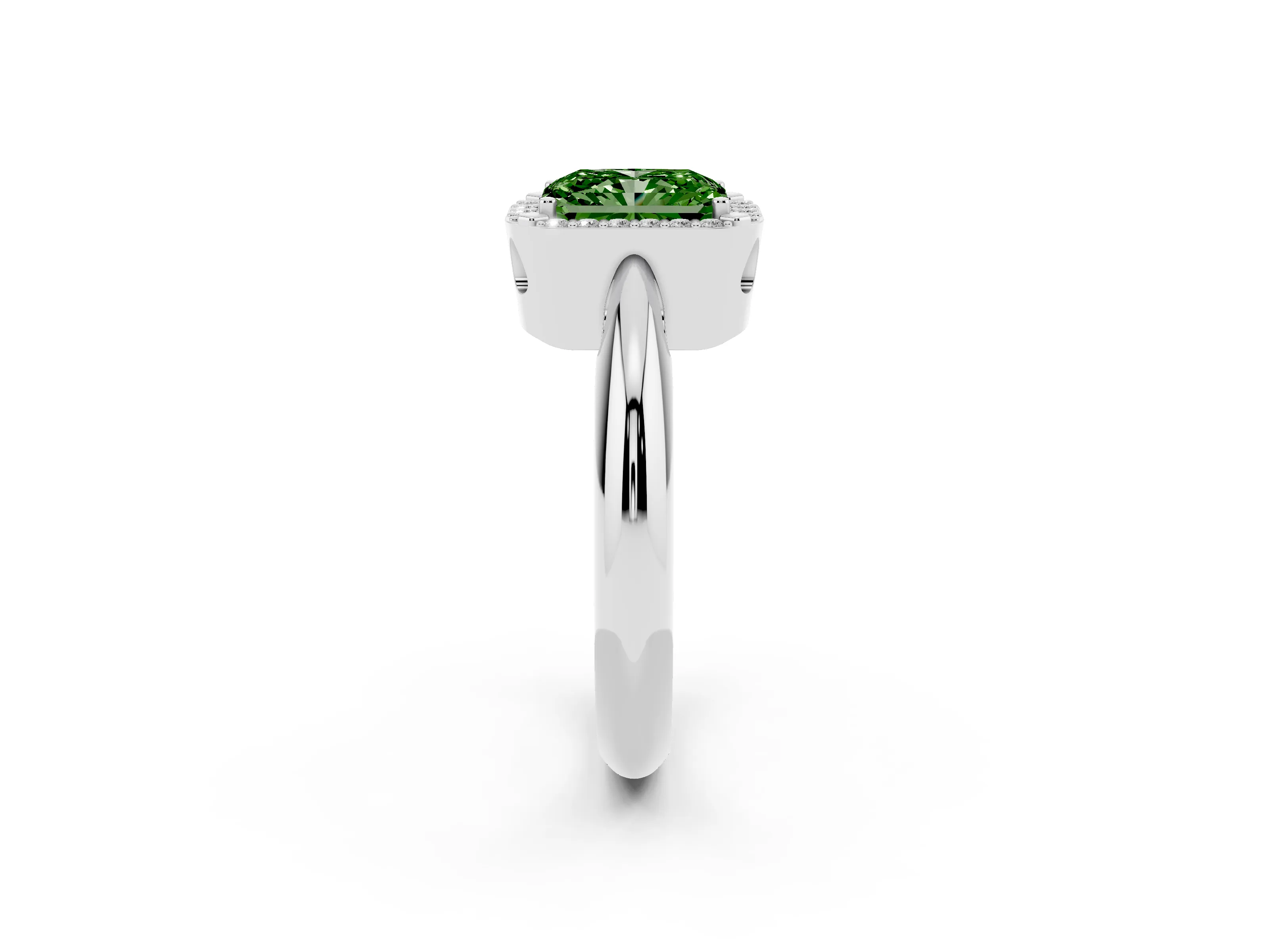 Fancy Green Radiant Cut Diamond Halo Engagement Ring Set in Platinum with Plain Split Shank and Prong Setting