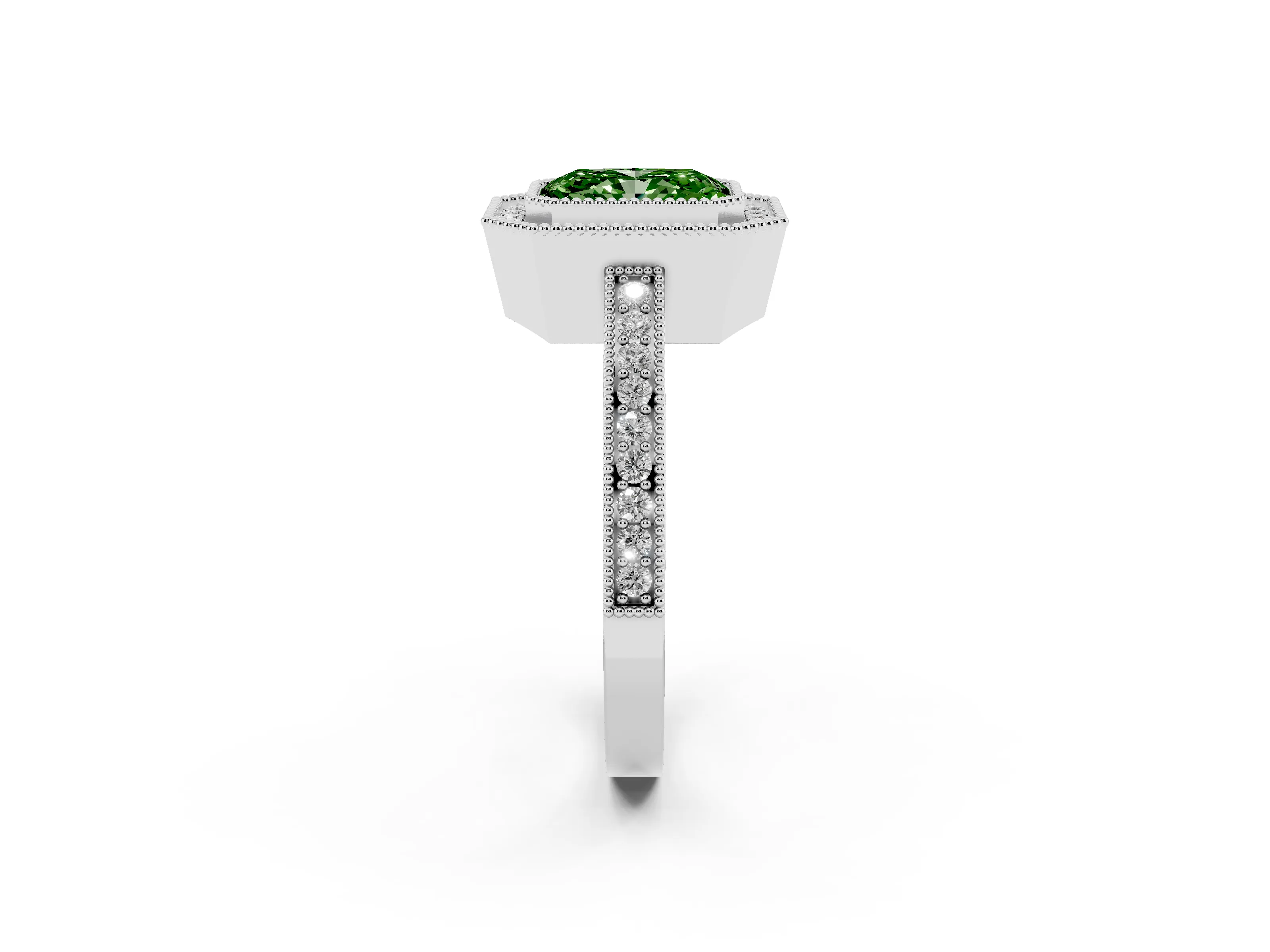 Fancy Green Radiant Cut Diamond Round Halo Ring Set in White gold with Pavé Band
