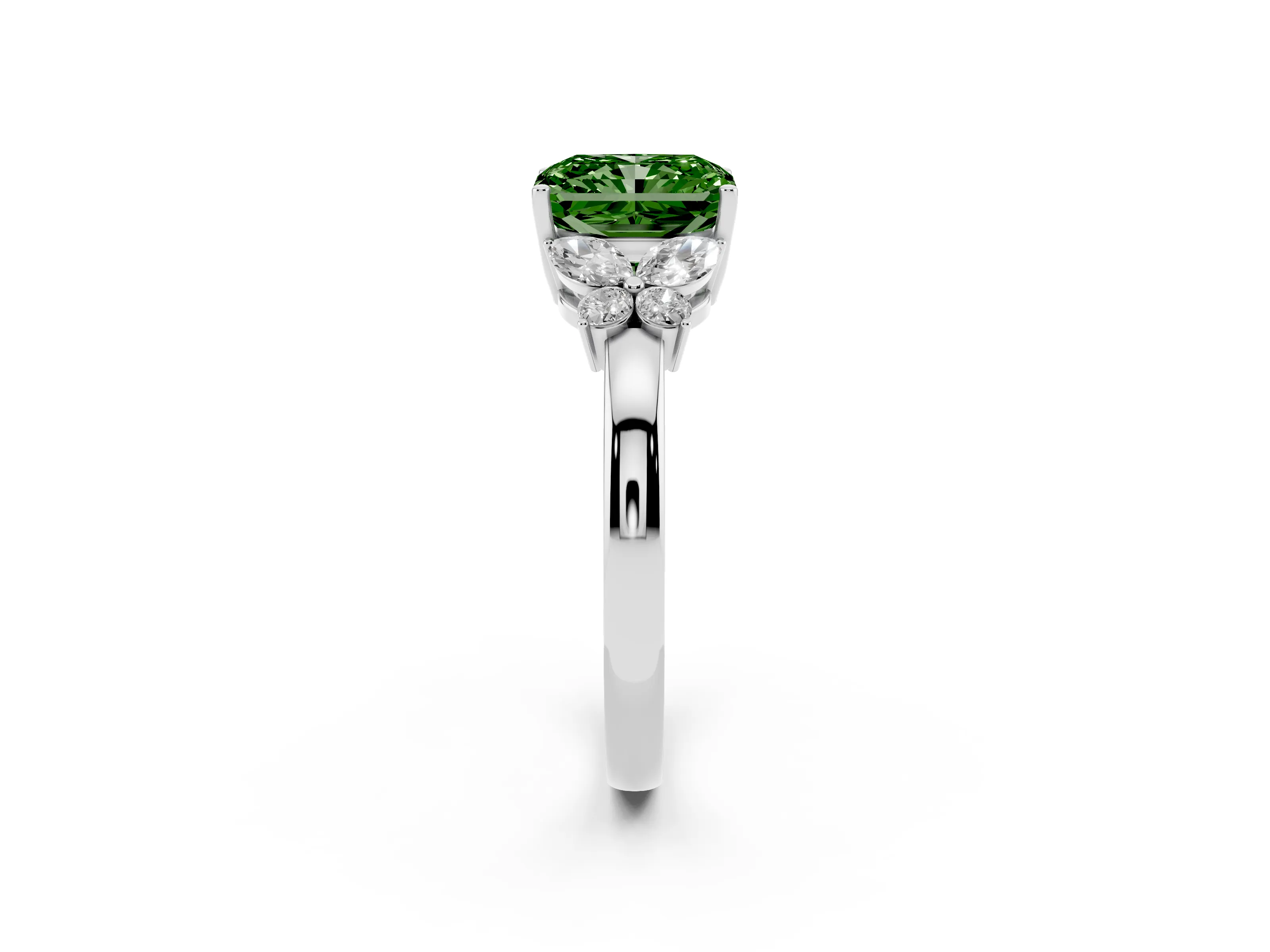 Fancy Green Radiant Cut Diamond Solitaire Floral Ring Set in Platinum with Marquise Petals and Prong Setting