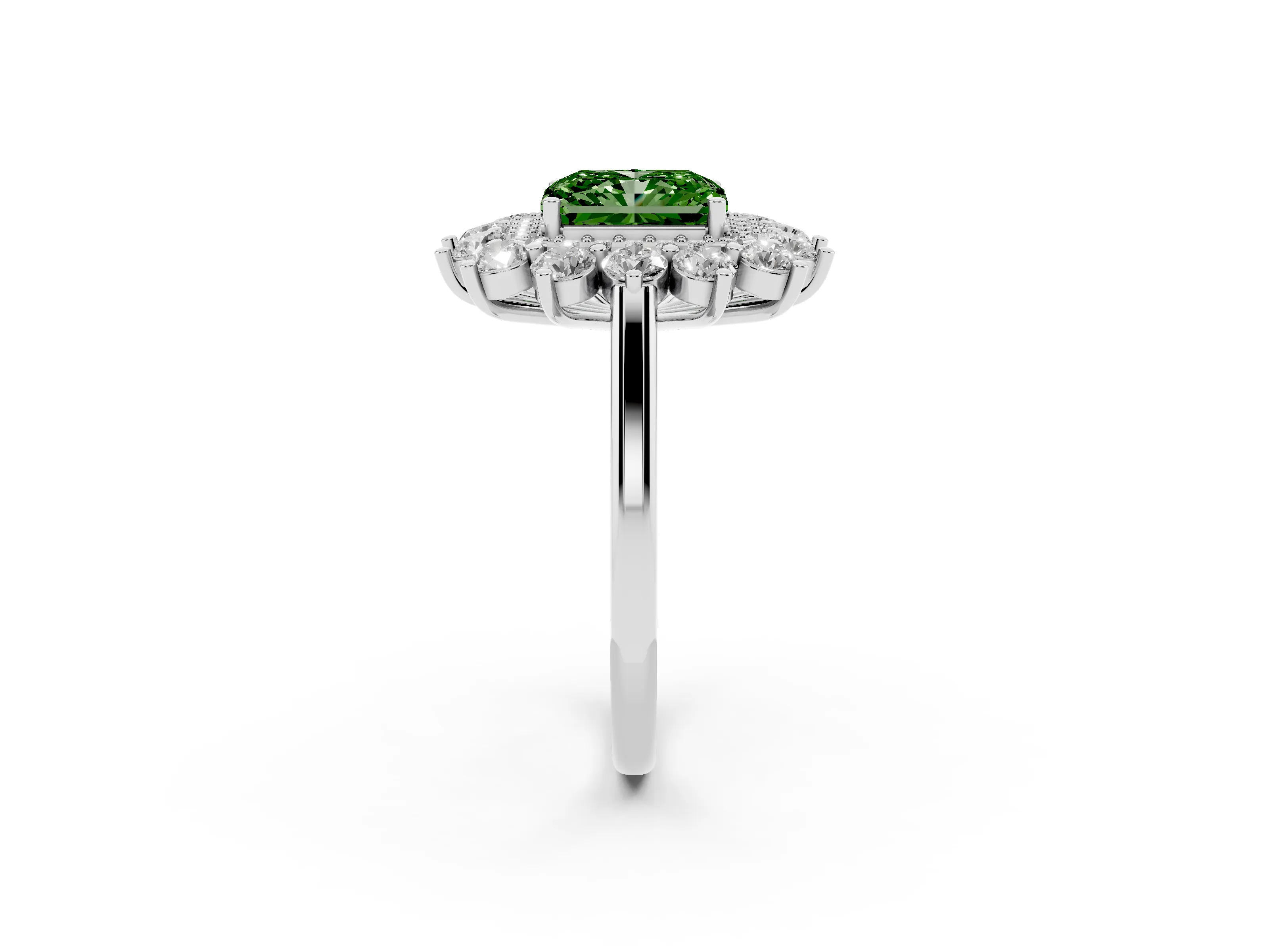 Fancy Green Radiant Cut Diamond Floral Double Halo Ring Set in Silver with Round Petals
