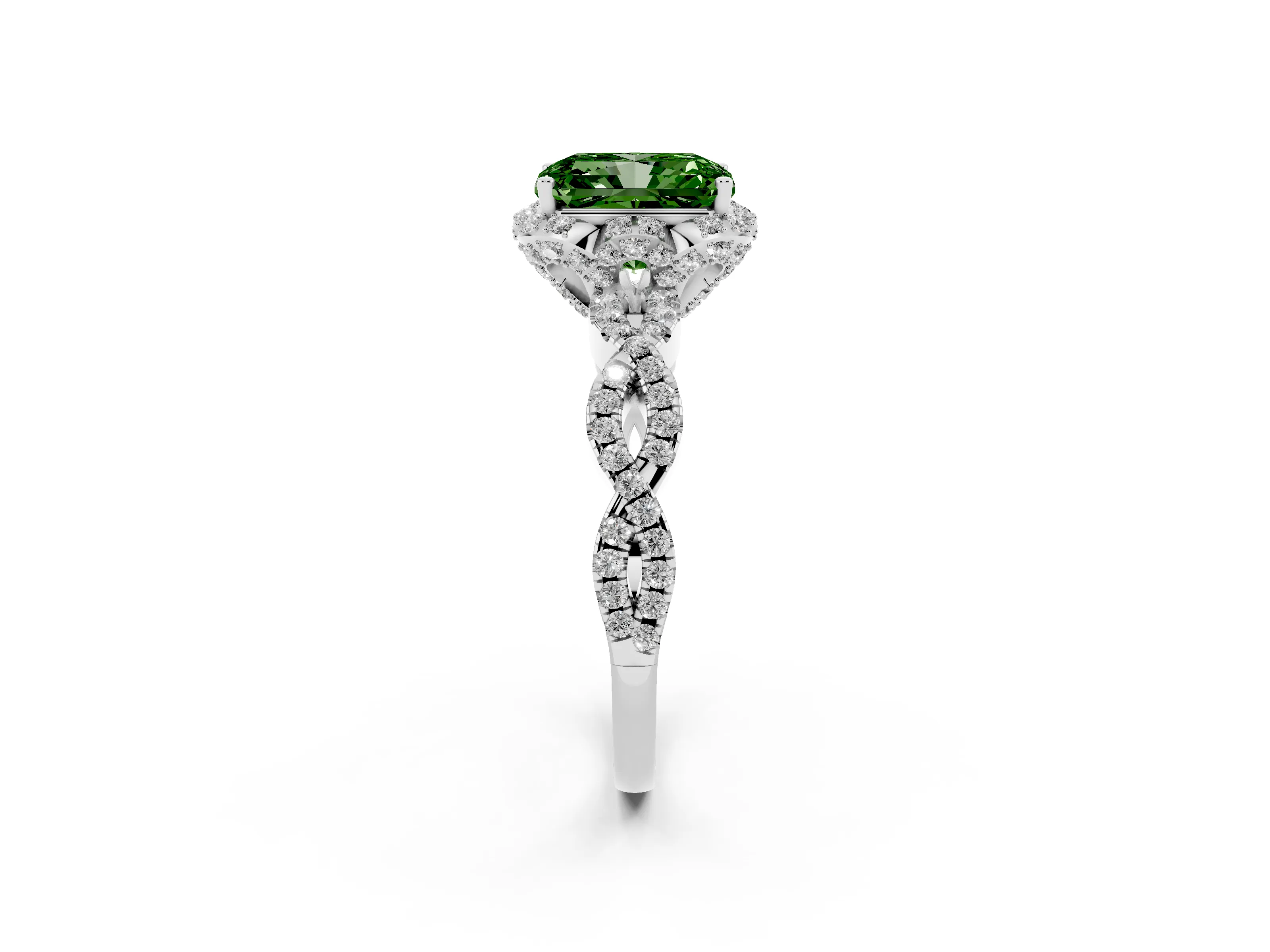 Fancy Green Radiant Cut Diamond Halo Twist Band Solitaire Ring Set in White gold with Prong-Set Center Stone