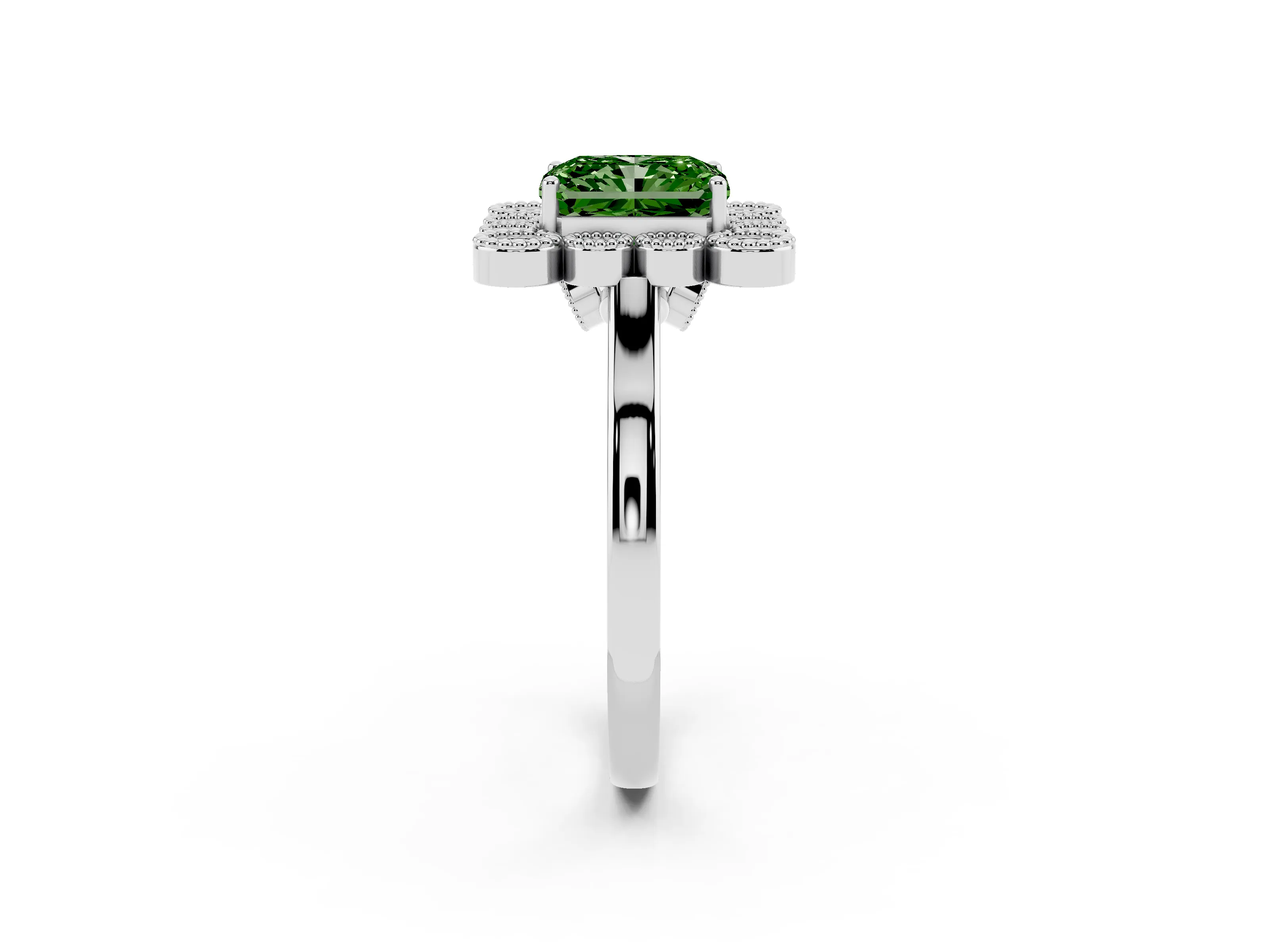 Fancy Green Radiant Cut Diamond Cluster Halo Ring Set in White gold with Milgrain Bezel Accents and Plain Band